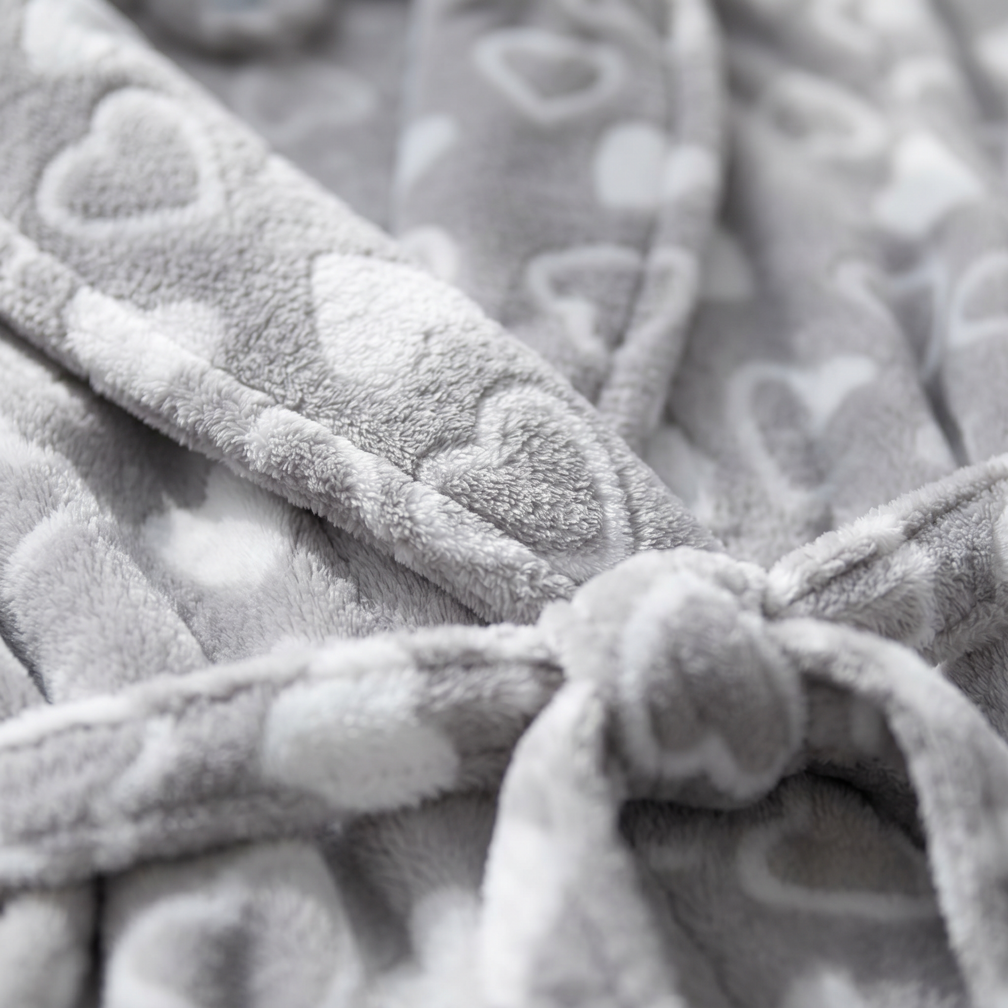Gray plush fleece white heart print and shawl collar detail