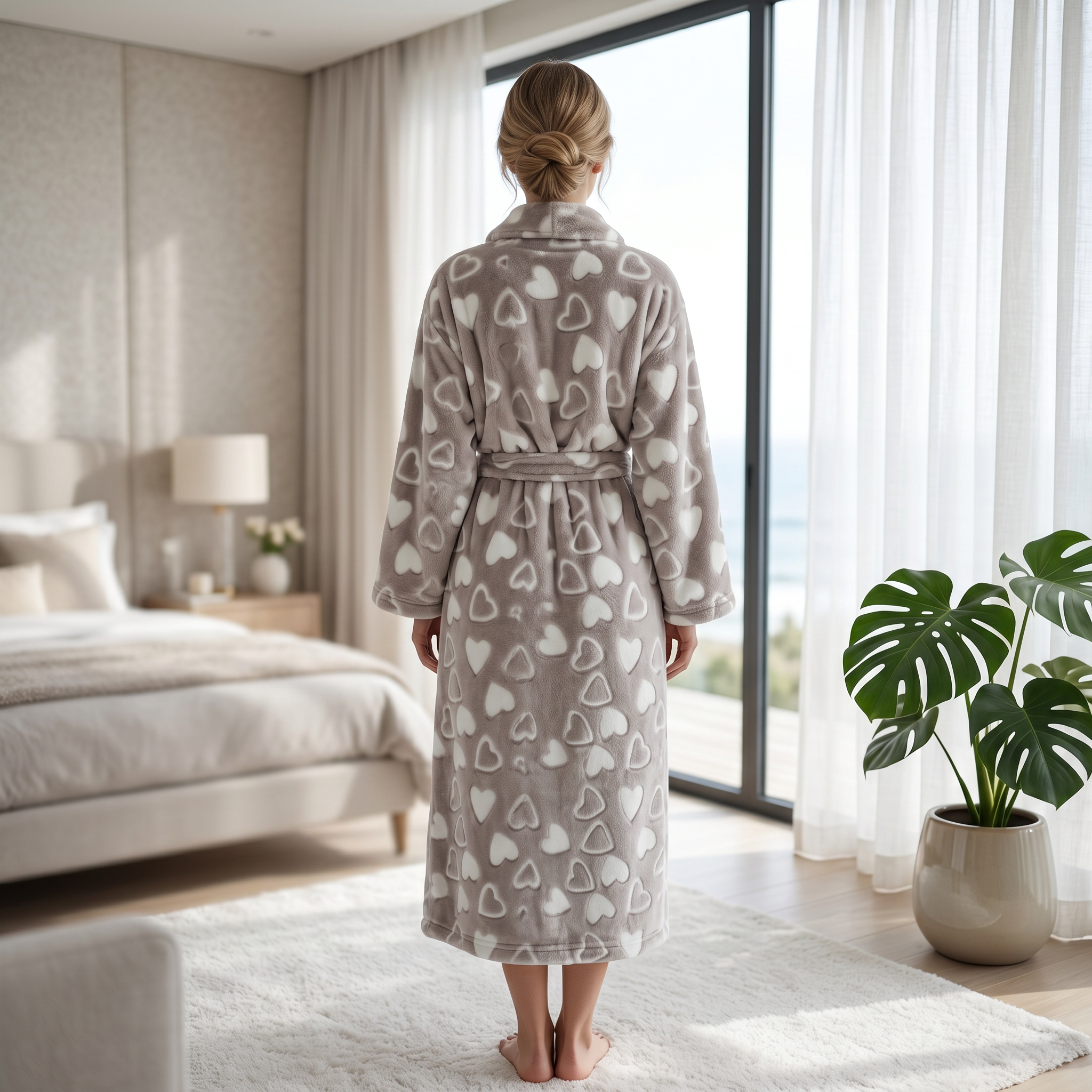 Back view of heart plush fleece robe