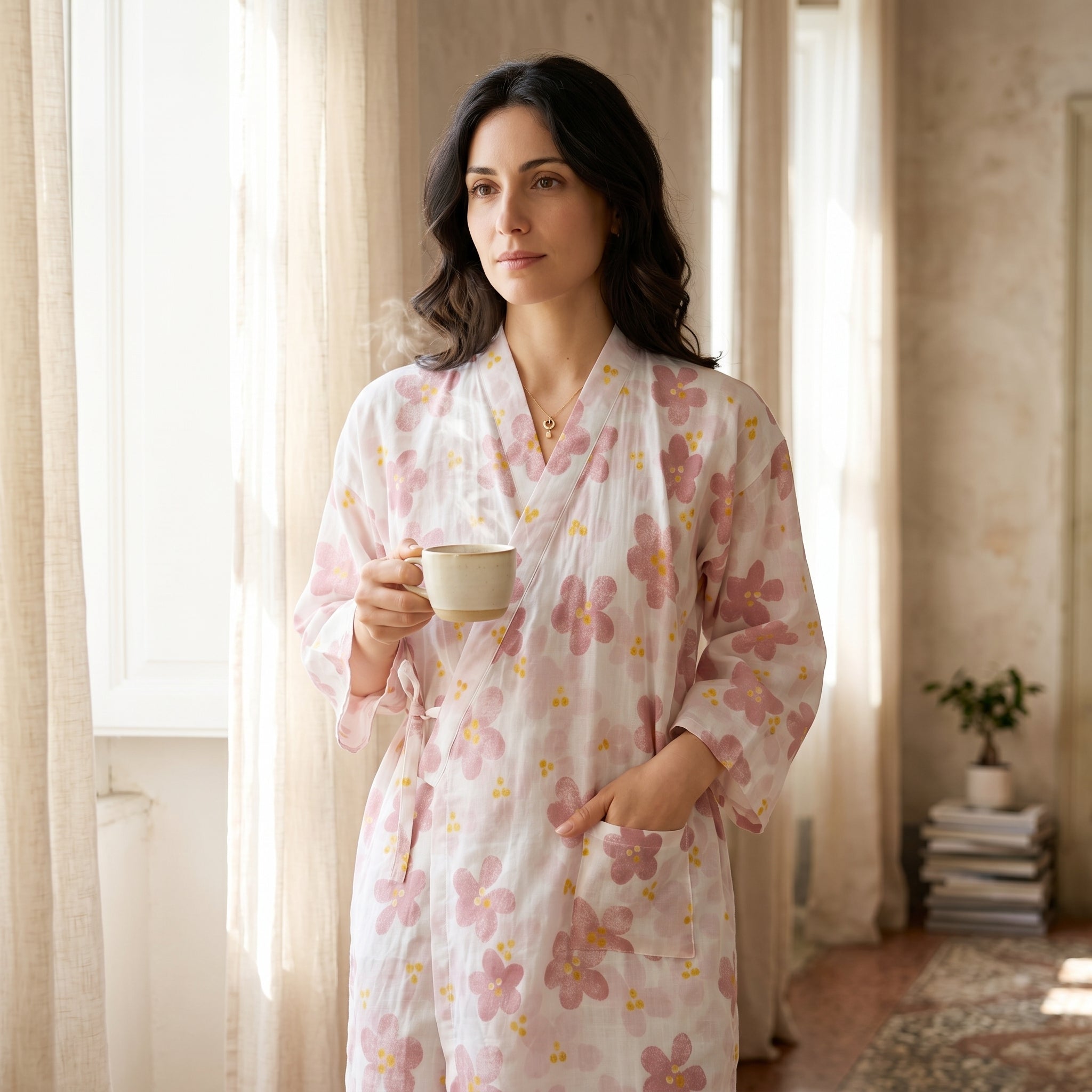 Woman in pink blossom gauze robe with morning coffee