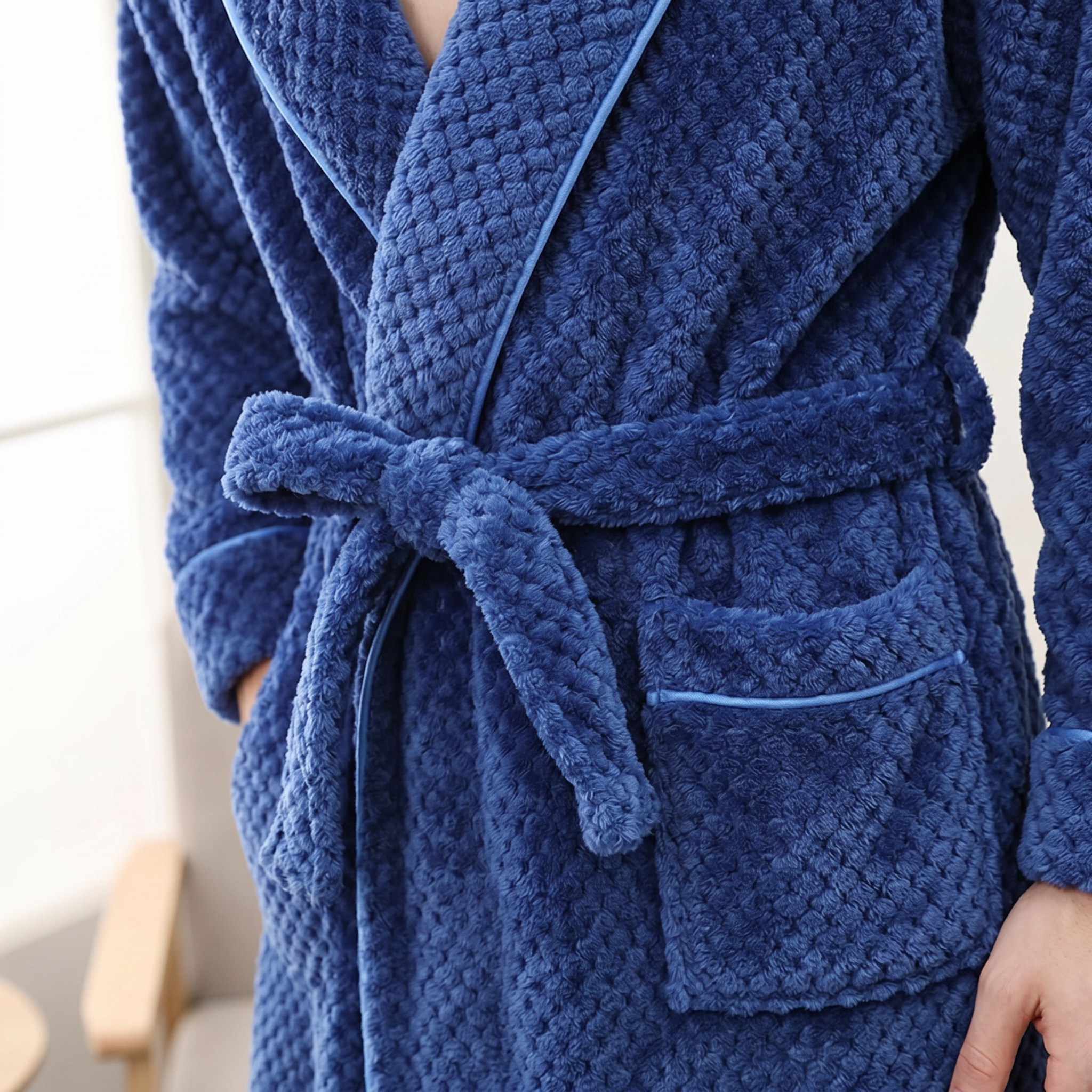 Navy plush fleece shawl collar and belt detail