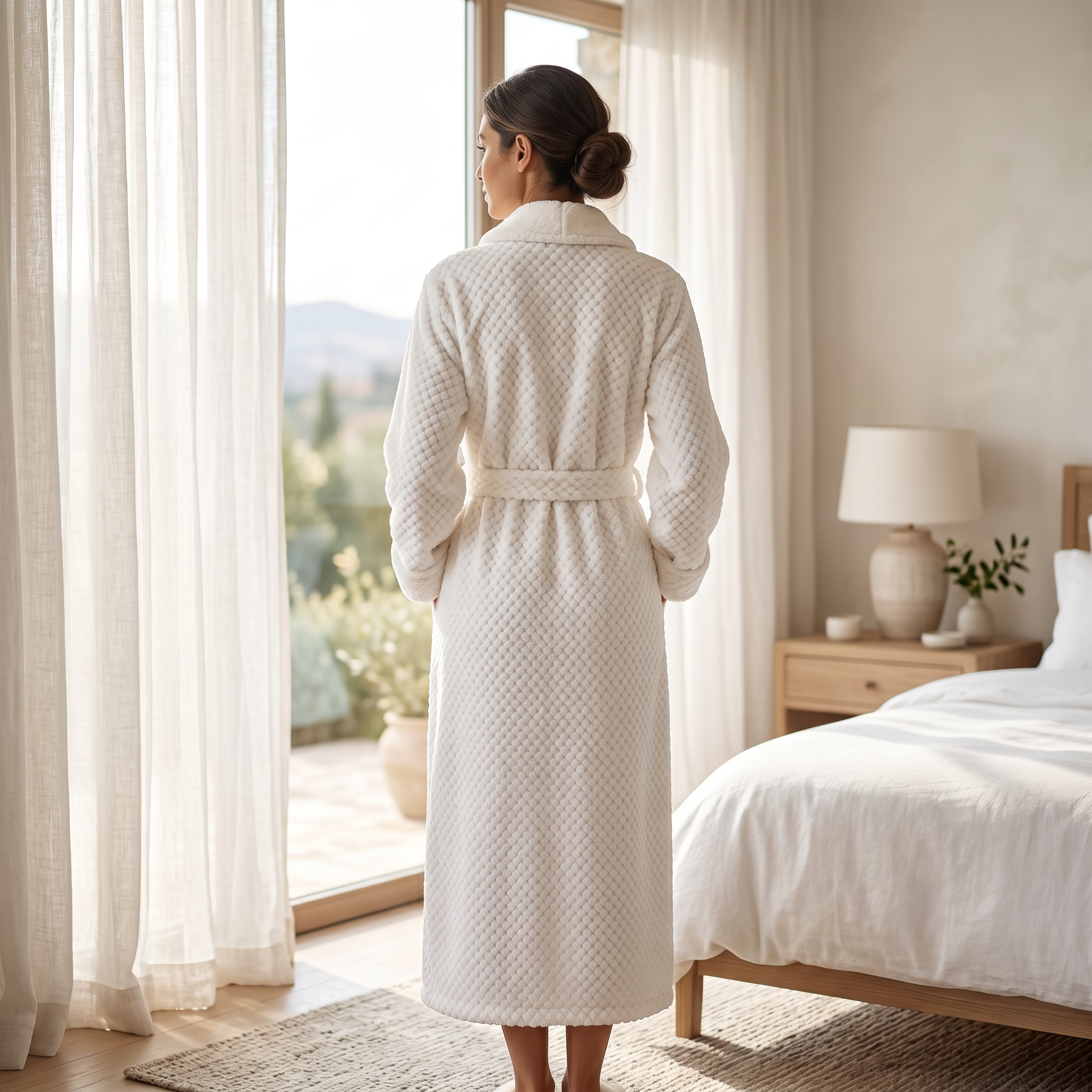 Back view of white plush fleece robe