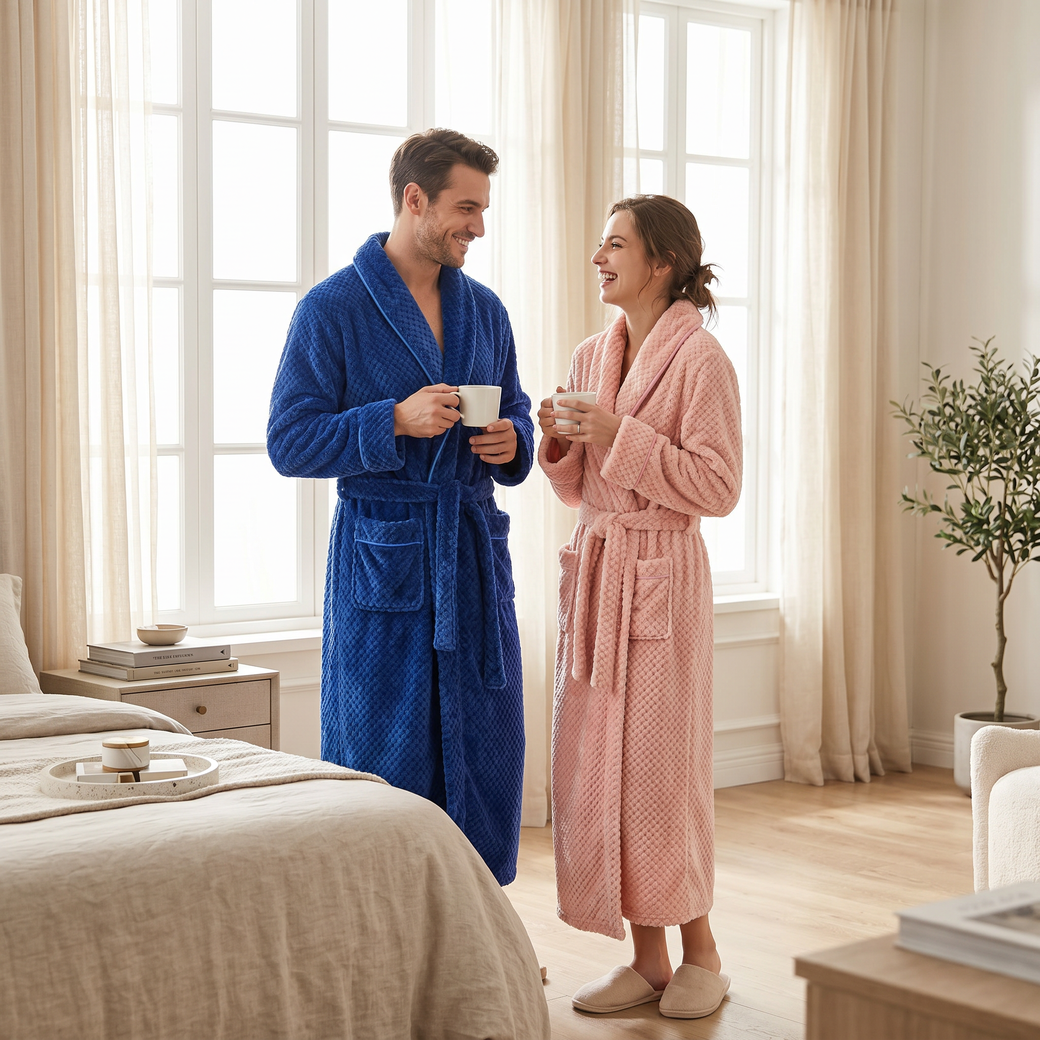Couple in sapphire and pink plush fleece robes by window