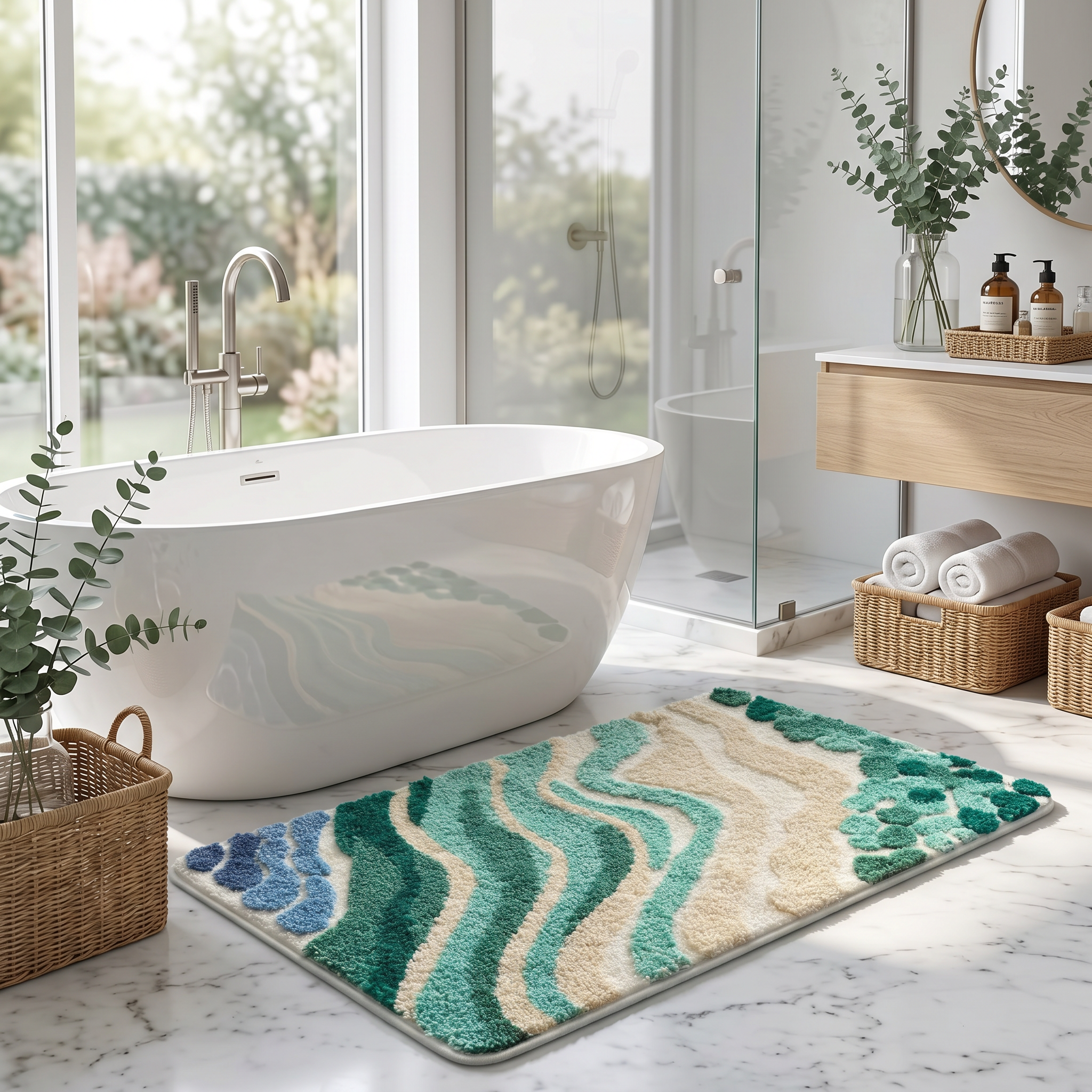 Ocean wave bath mat in front of freestanding tub