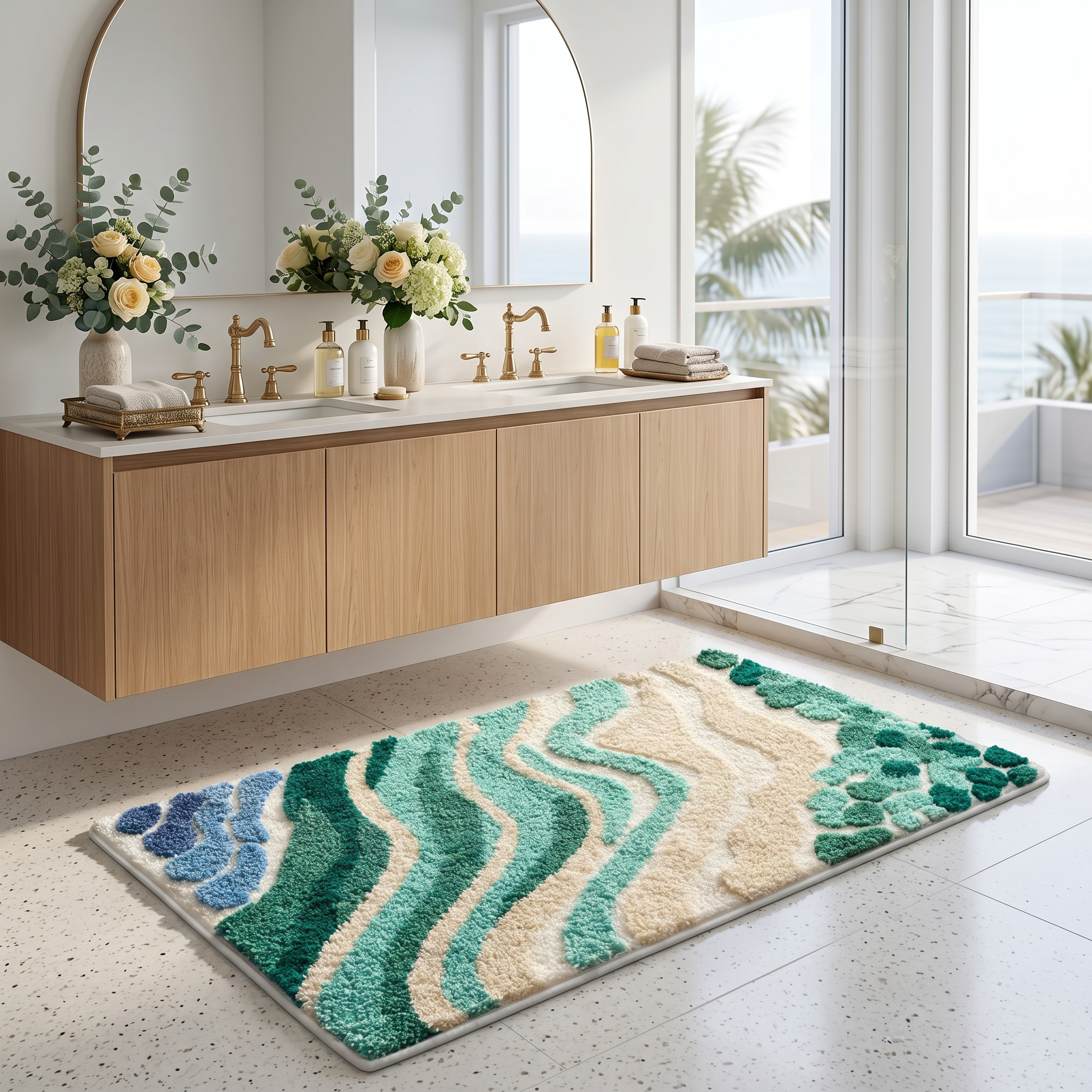 Ocean wave bath mat at vanity