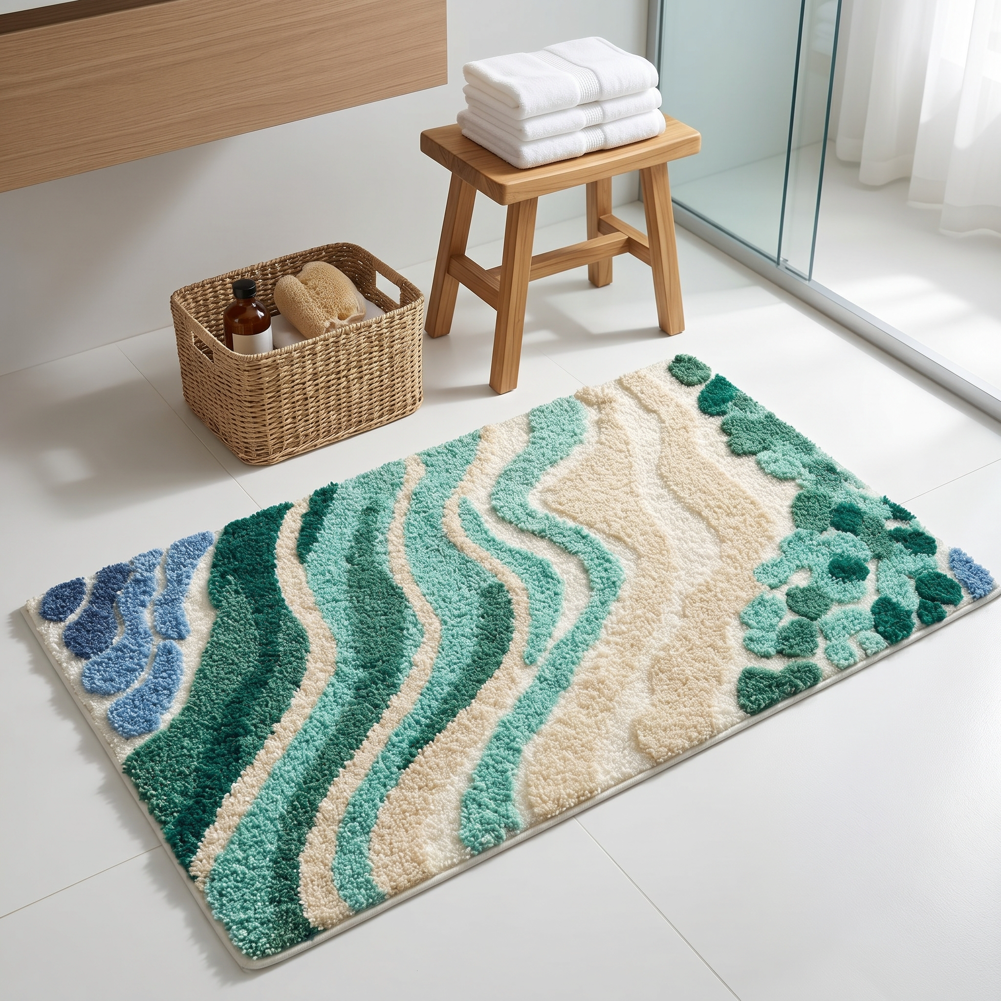 Ocean wave bath mat styled bathroom corner