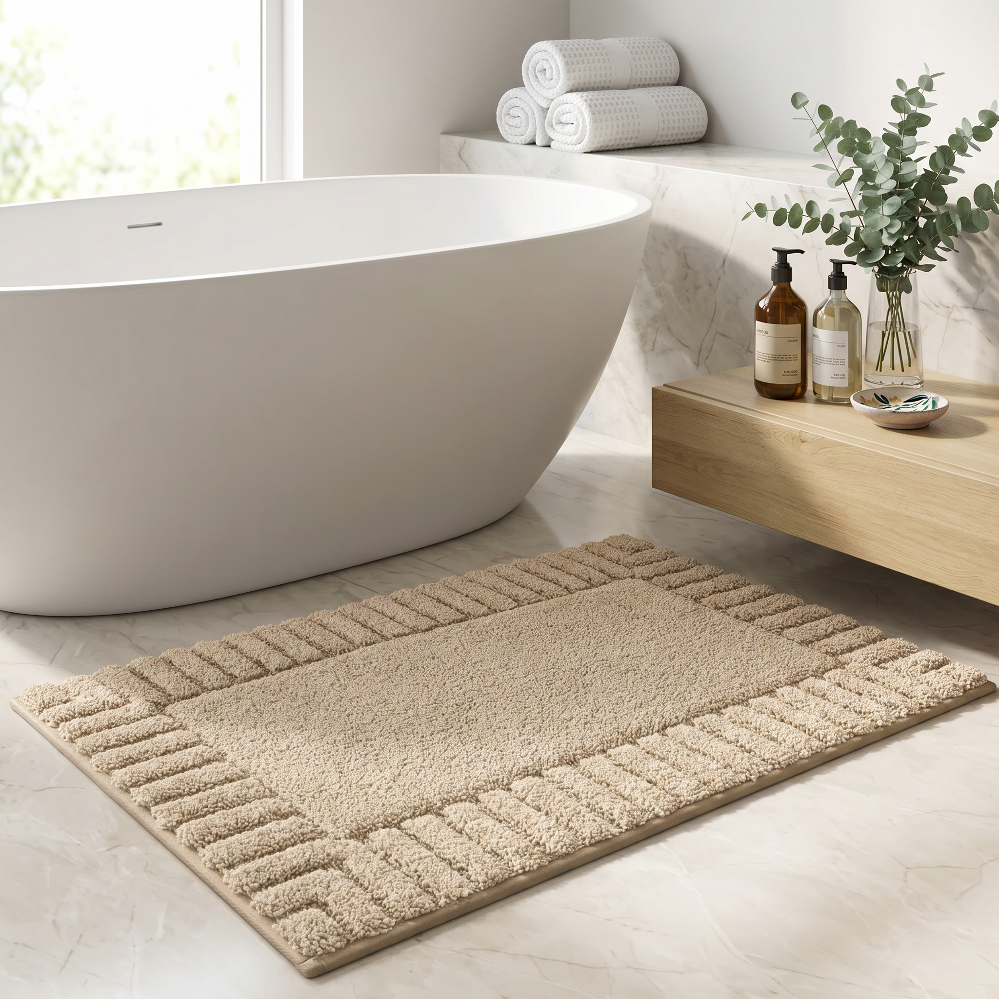 Beige border bath mat in front of freestanding tub