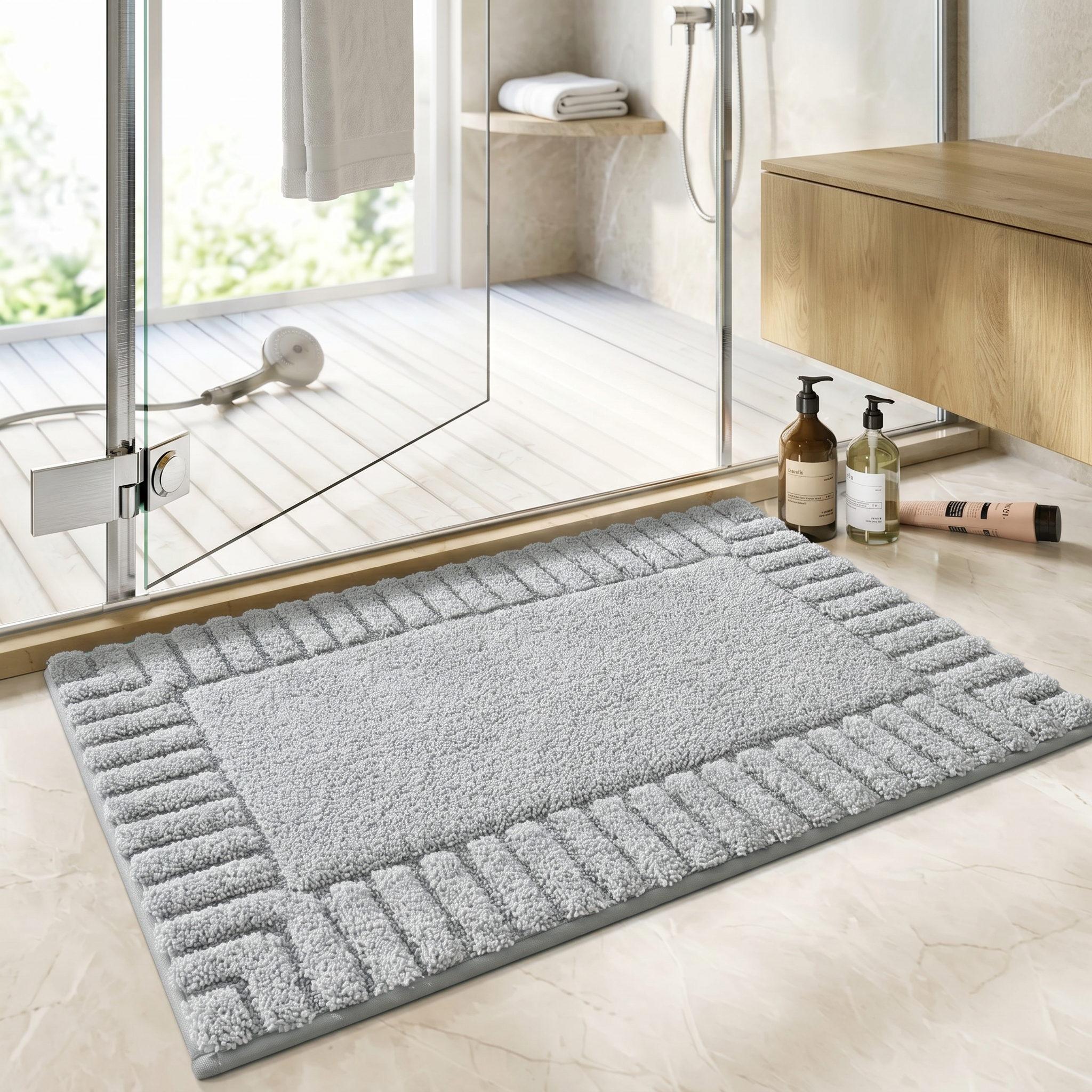 Gray border bath mat by walk-in shower