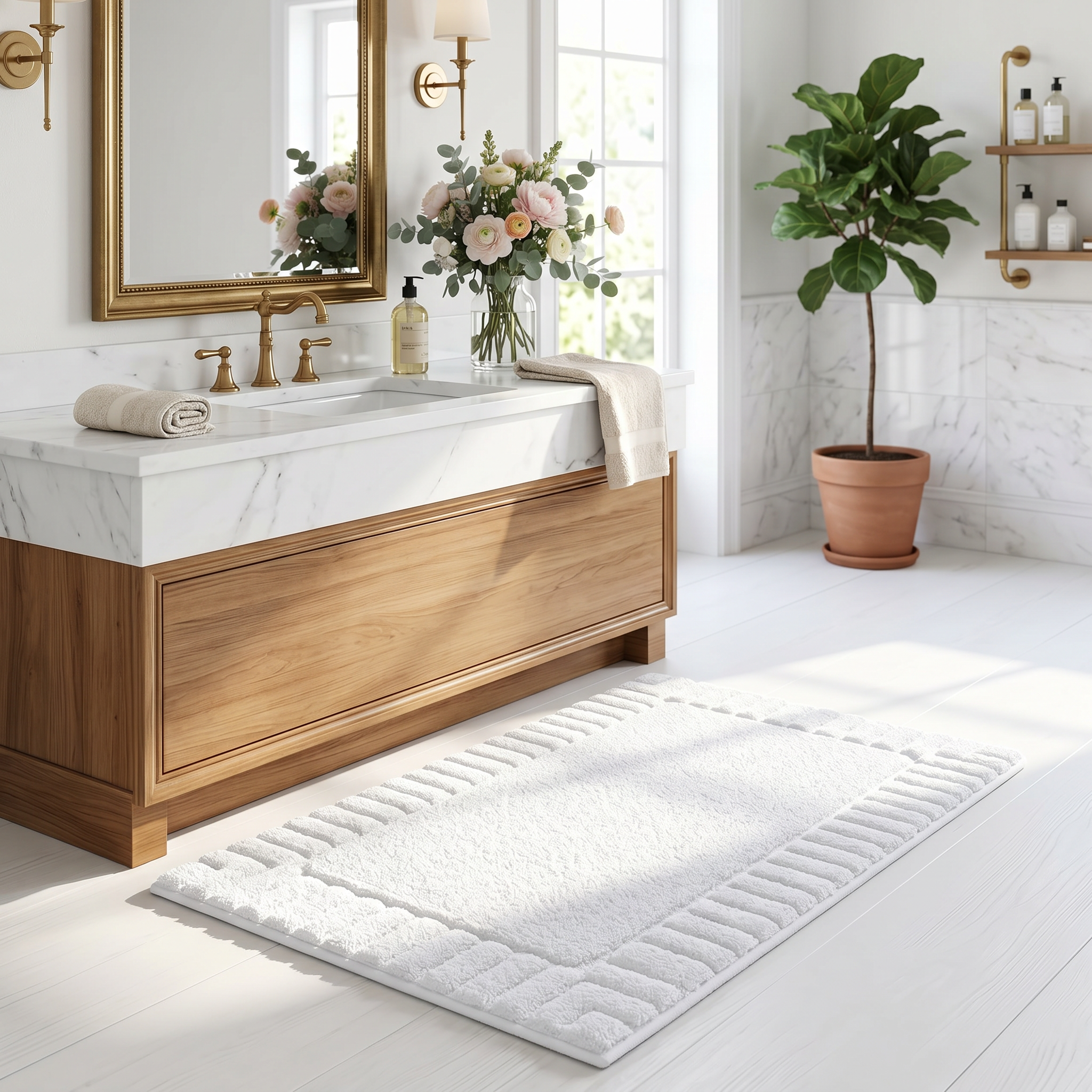 White border bath mat at vanity