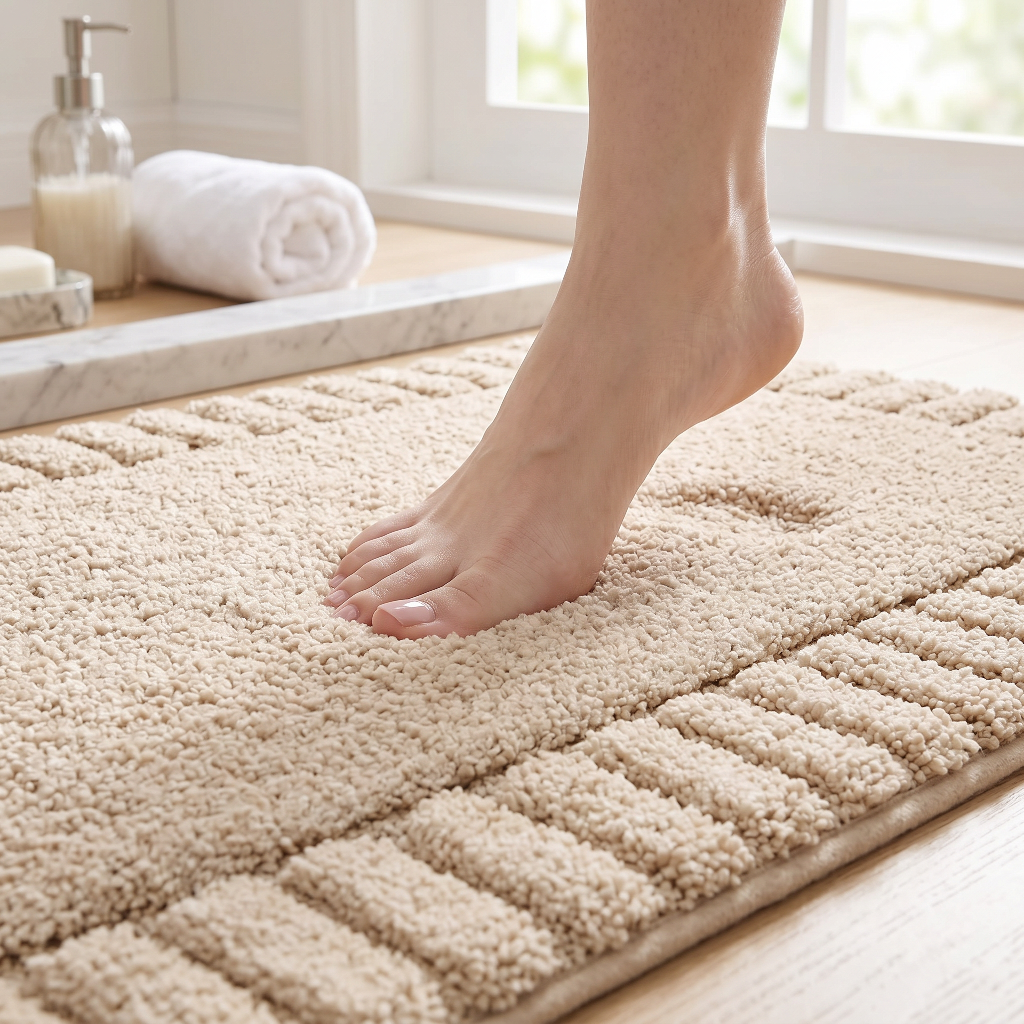 Bare feet on plush beige border bath mat