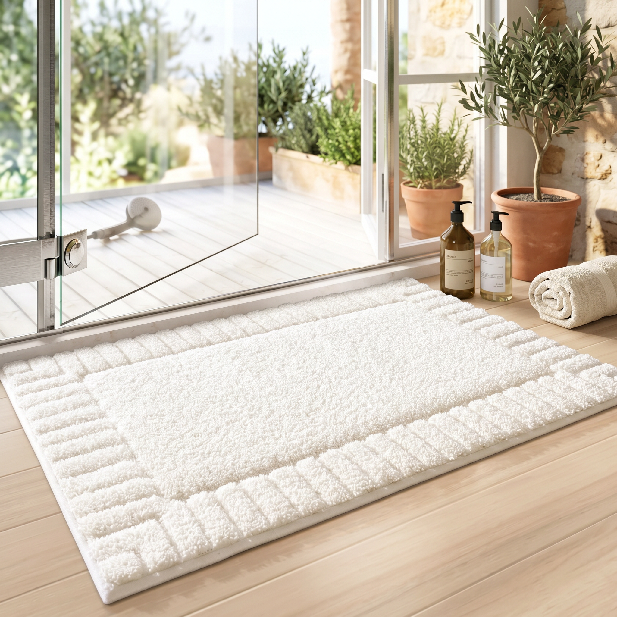 White border bath mat in Mediterranean bathroom