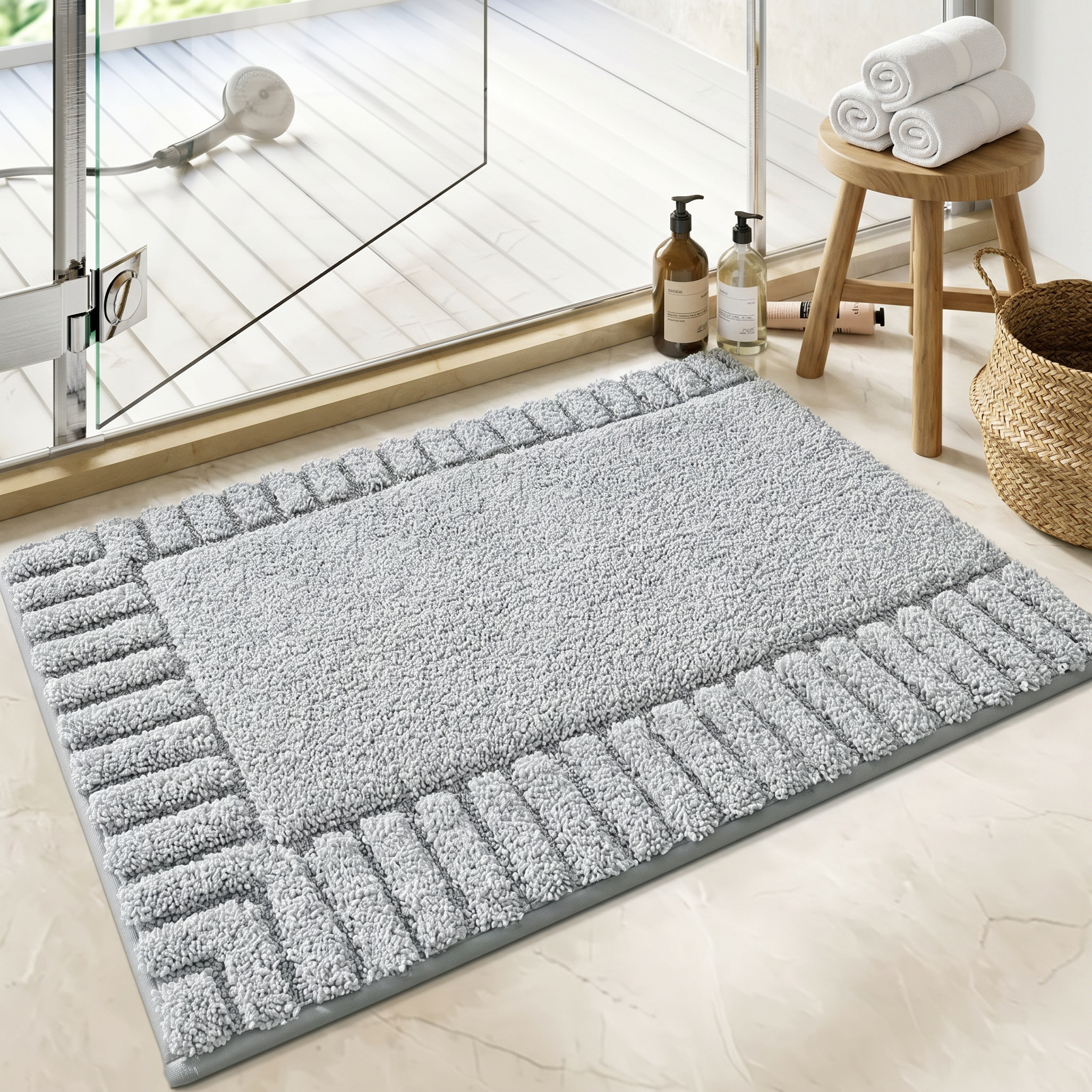 Gray border bath mat styled bathroom corner