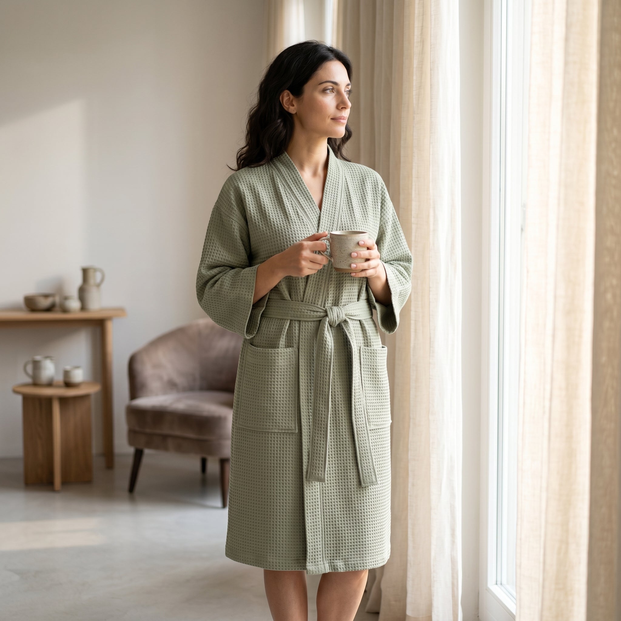 Woman in sage green waffle kimono robe with coffee