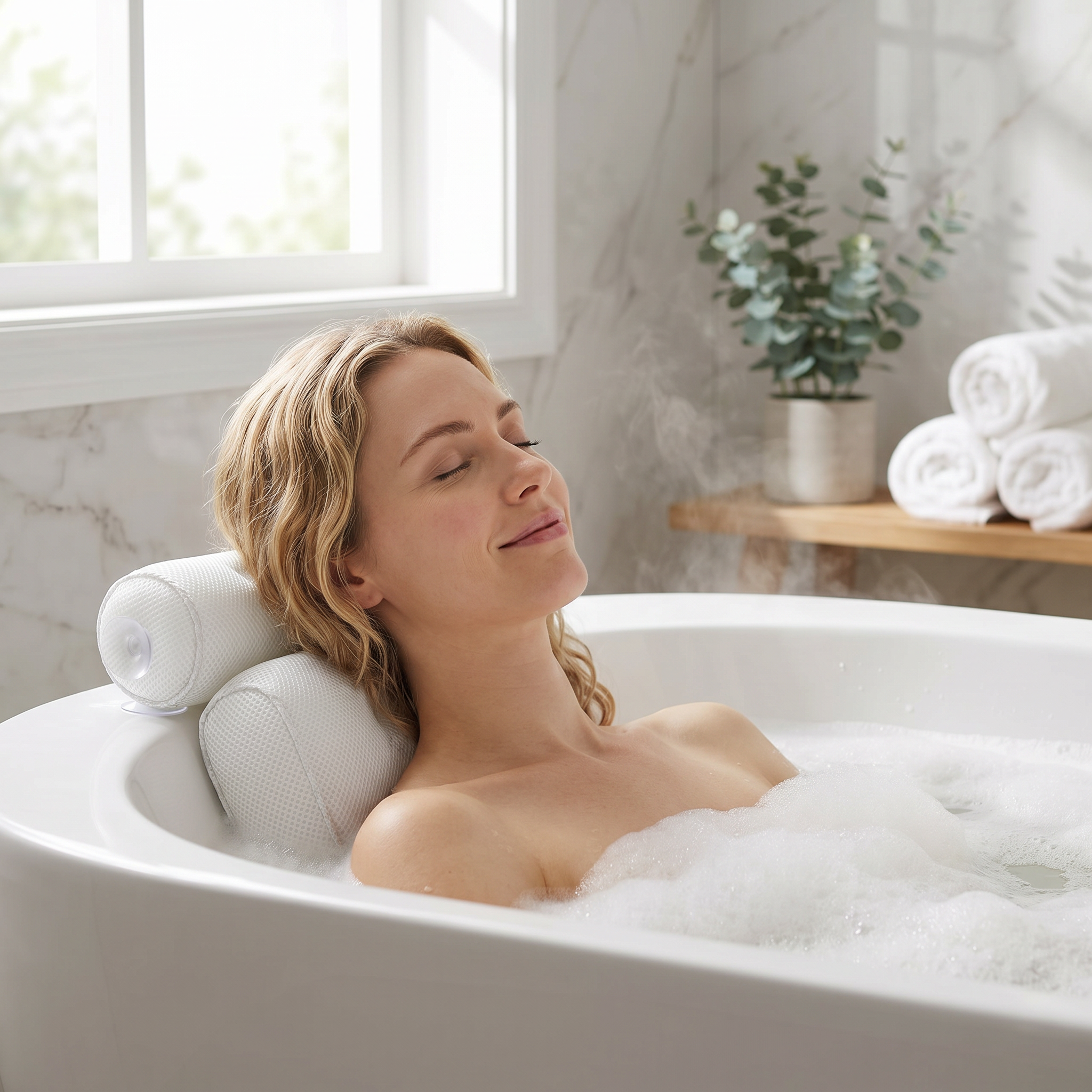 Woman relaxing against the bath pillow in a bubble bath
