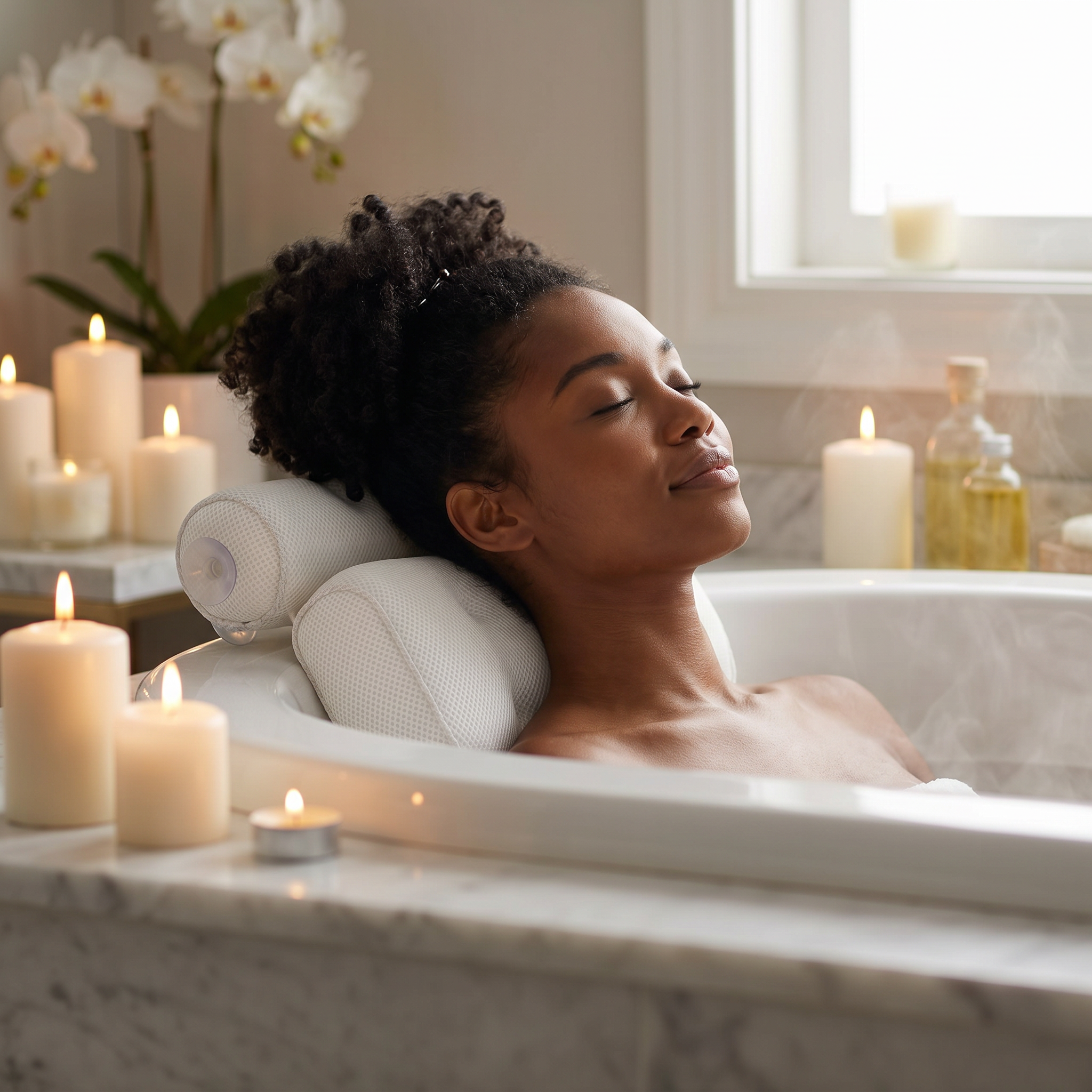 Woman reclining against the bath pillow by candlelight