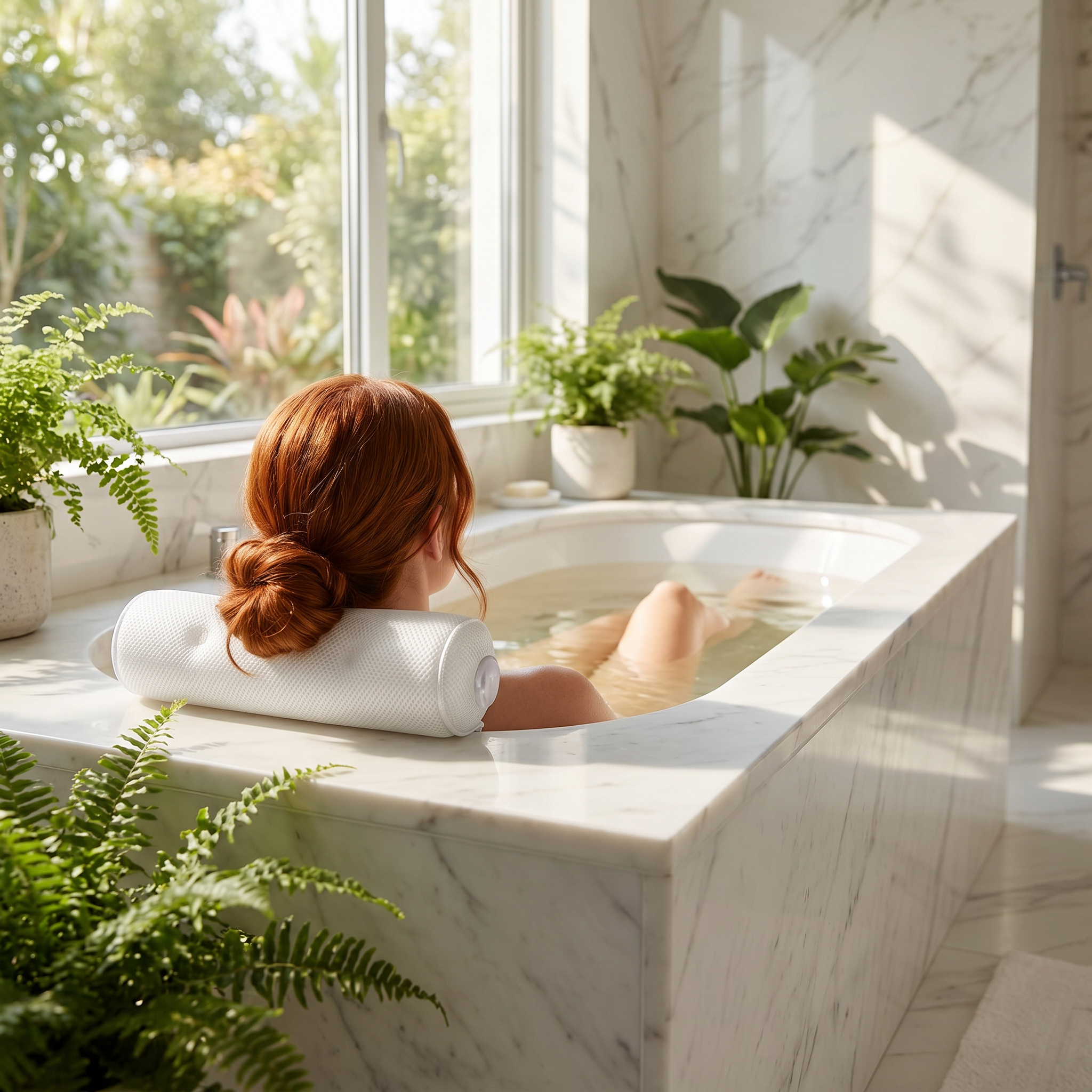 Woman soaking with the bath pillow by a sunlit window
