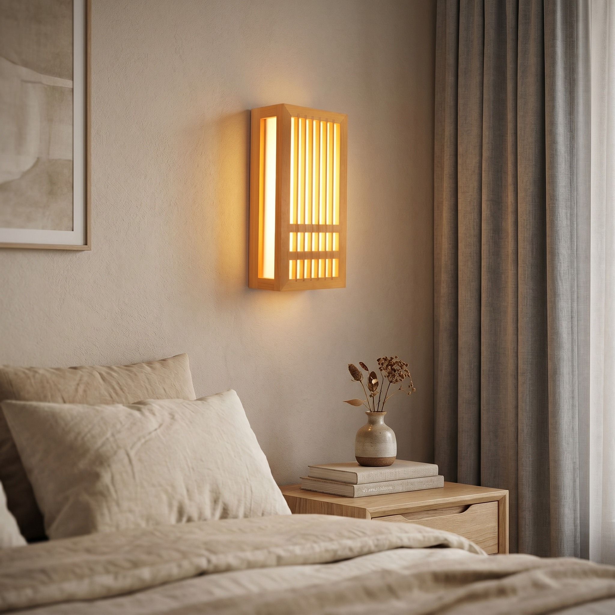 Warm-lit wood sconce above a nightstand in a bedroom