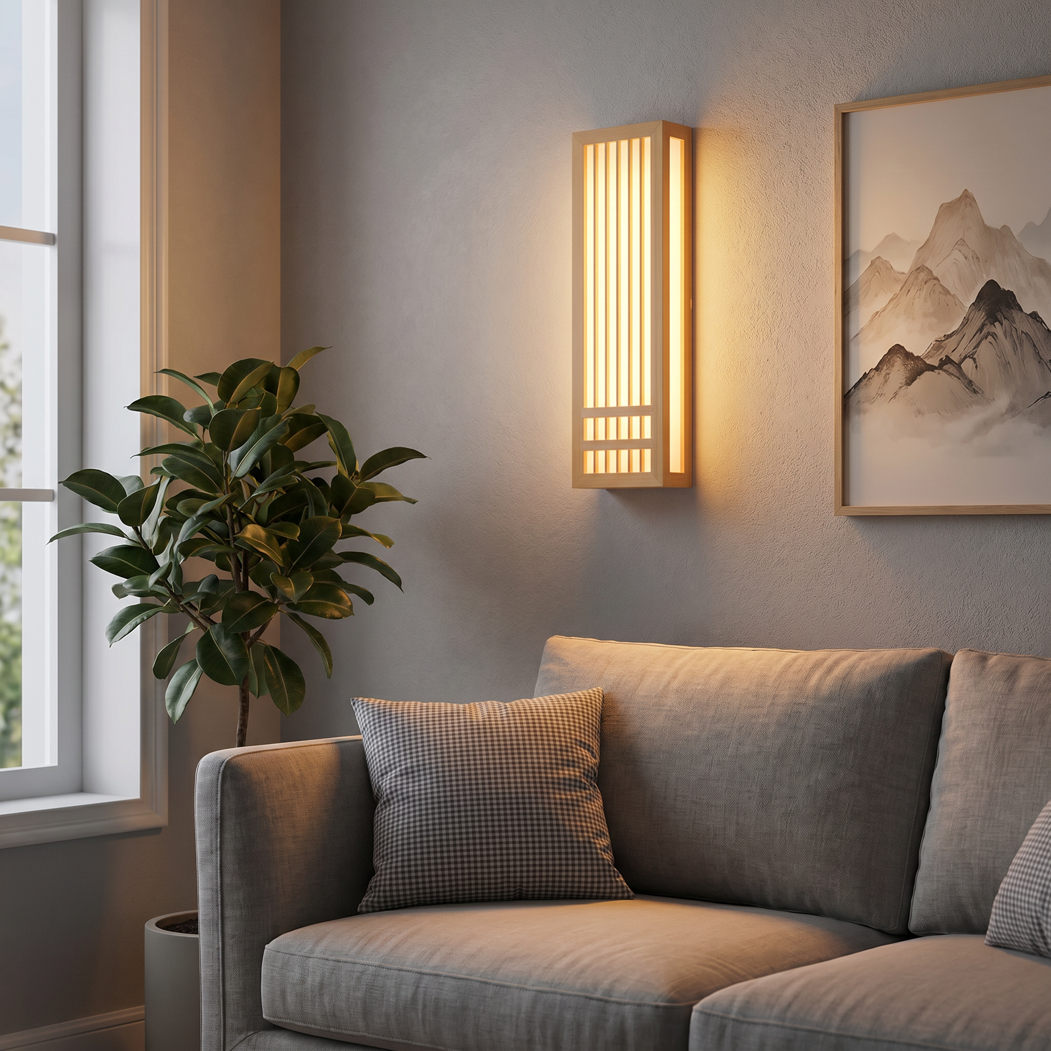Warm-lit wood sconce beside a sofa in a living room