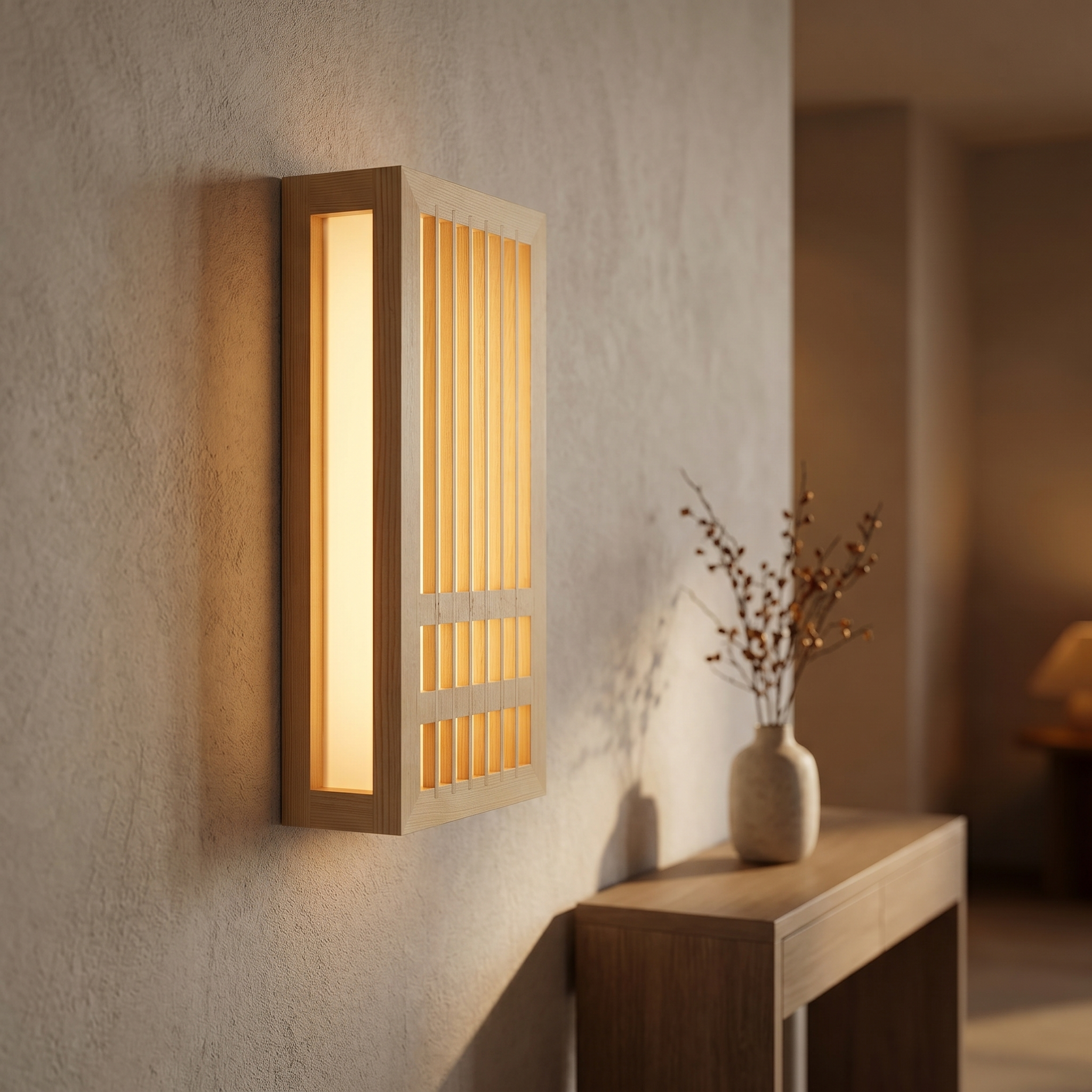 Warm-lit wood sconce in an entry hallway