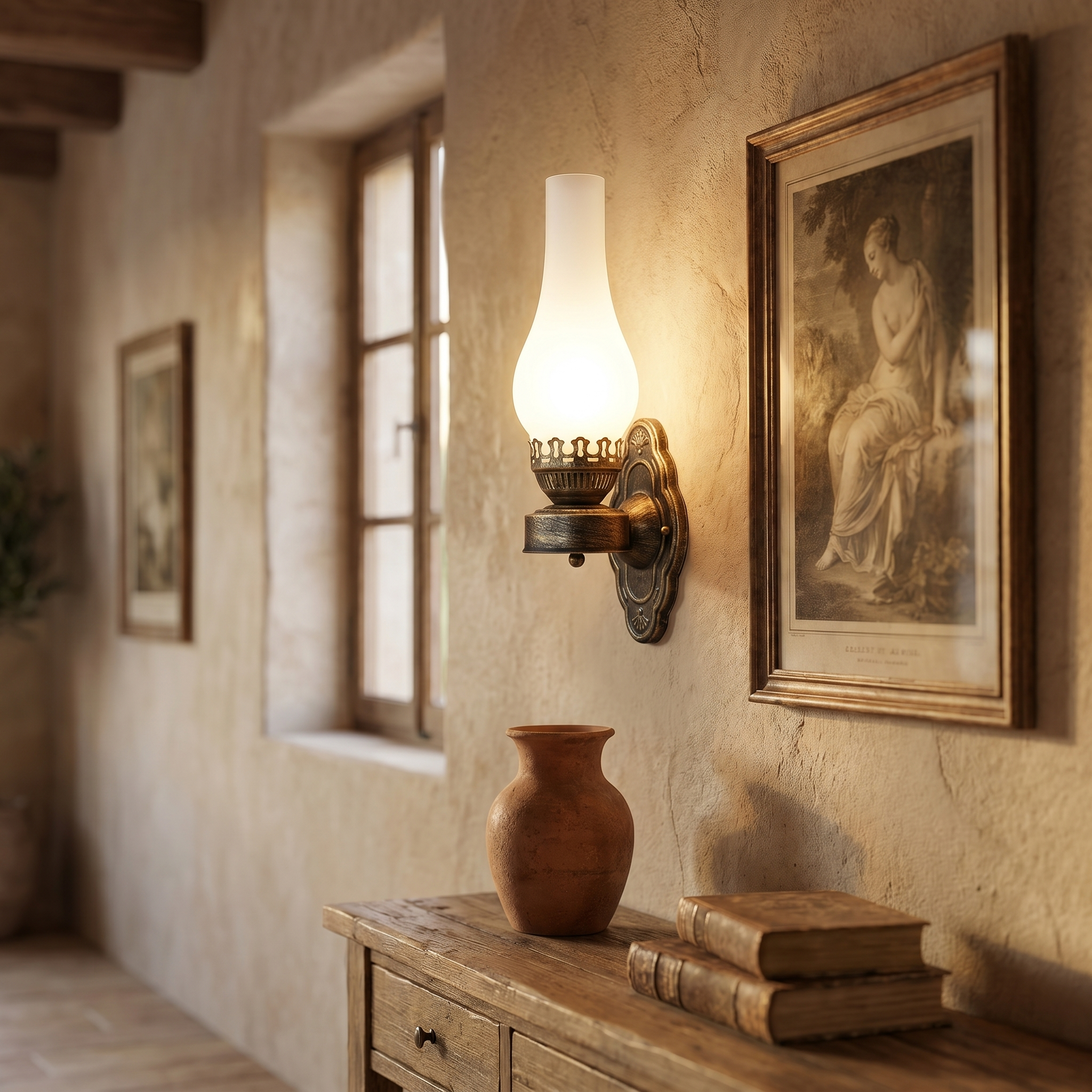 Frosted-shade sconce glowing in a hallway