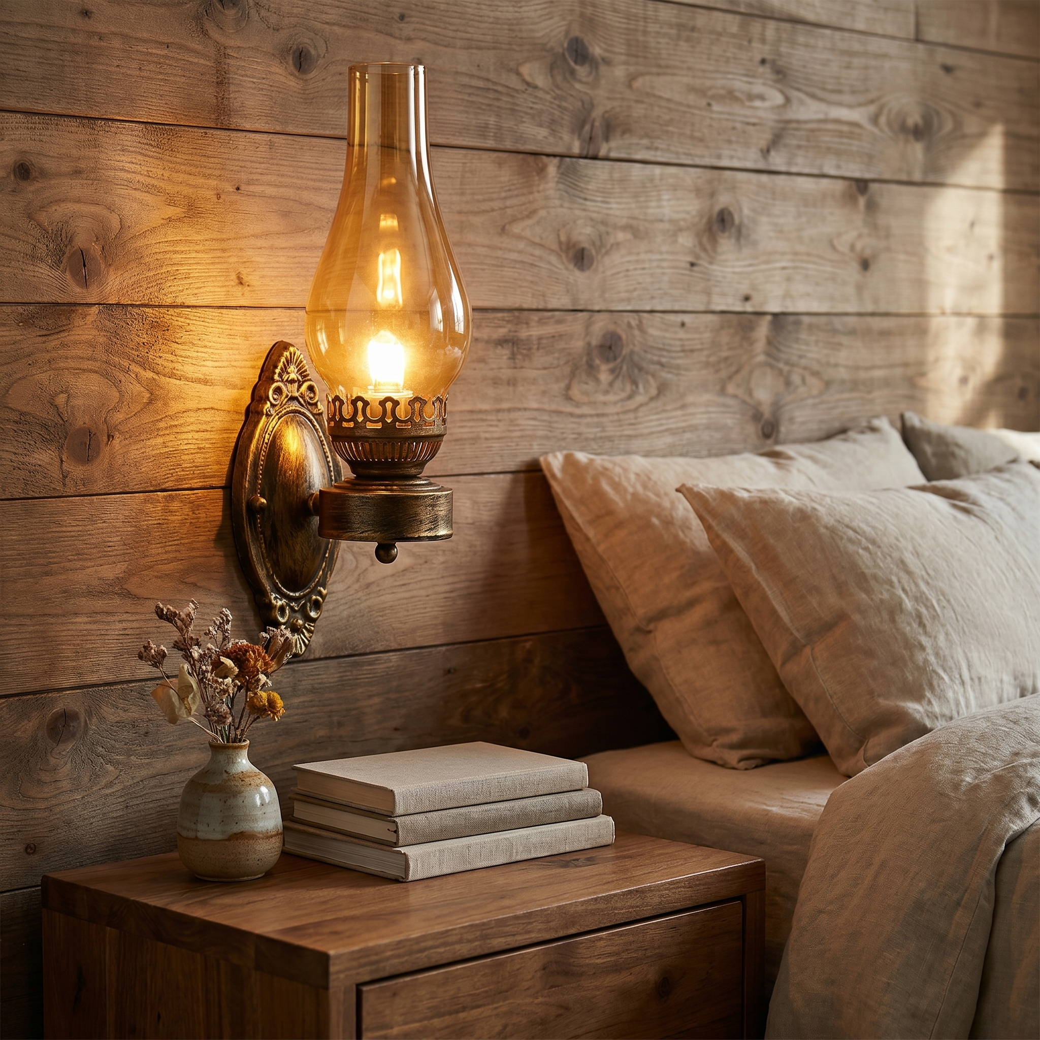 Tea-amber sconce above a bedroom nightstand