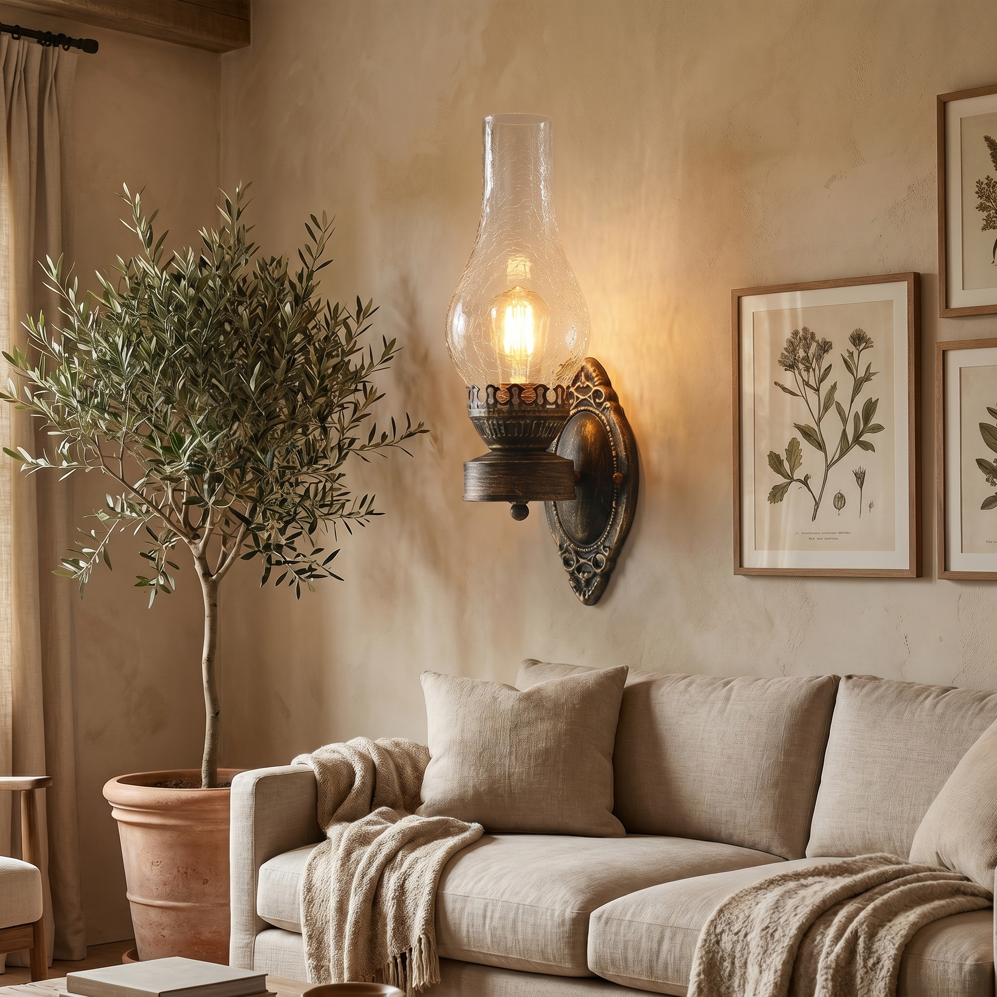 Clear-crackle sconce in a living room