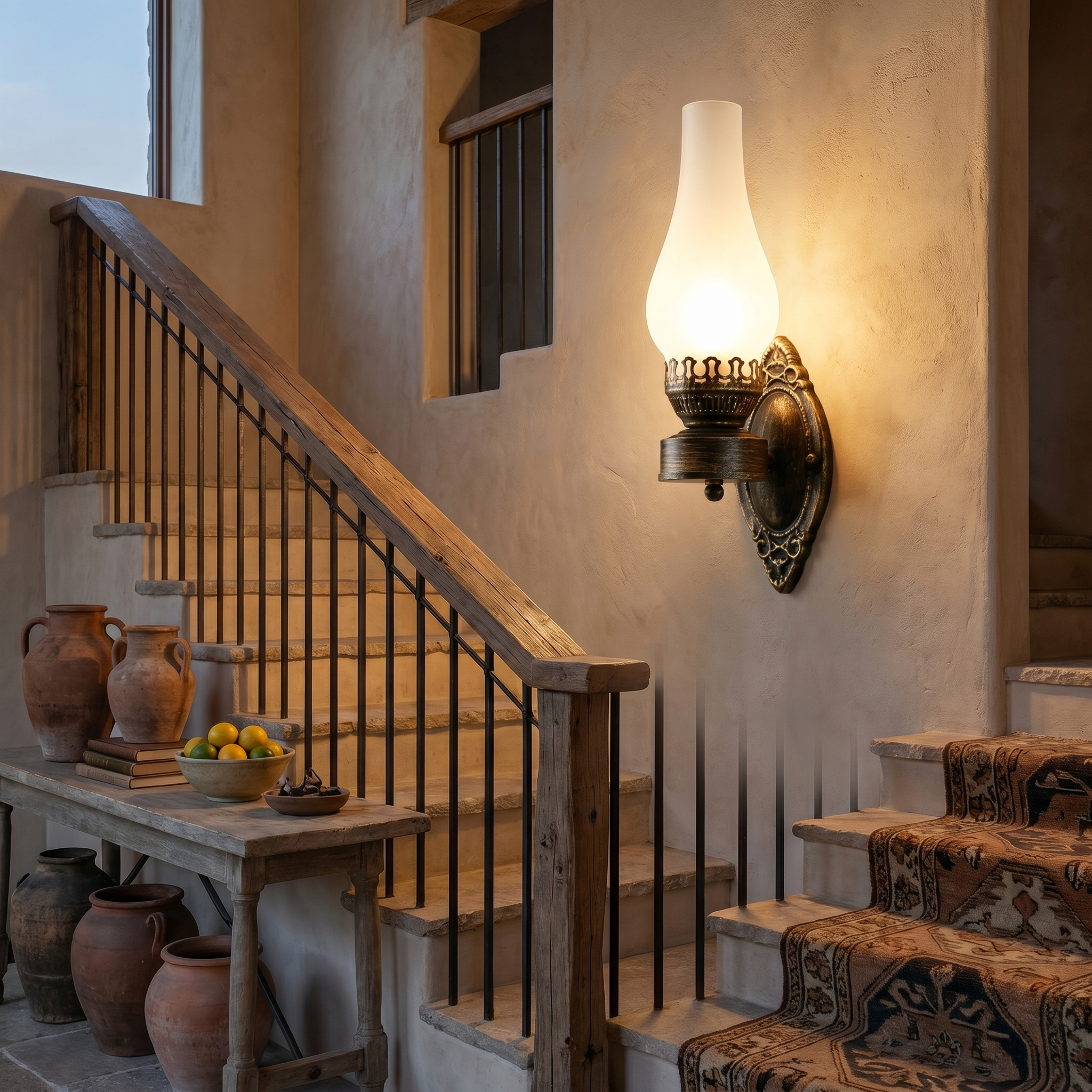 Frosted-shade sconce by a staircase entry