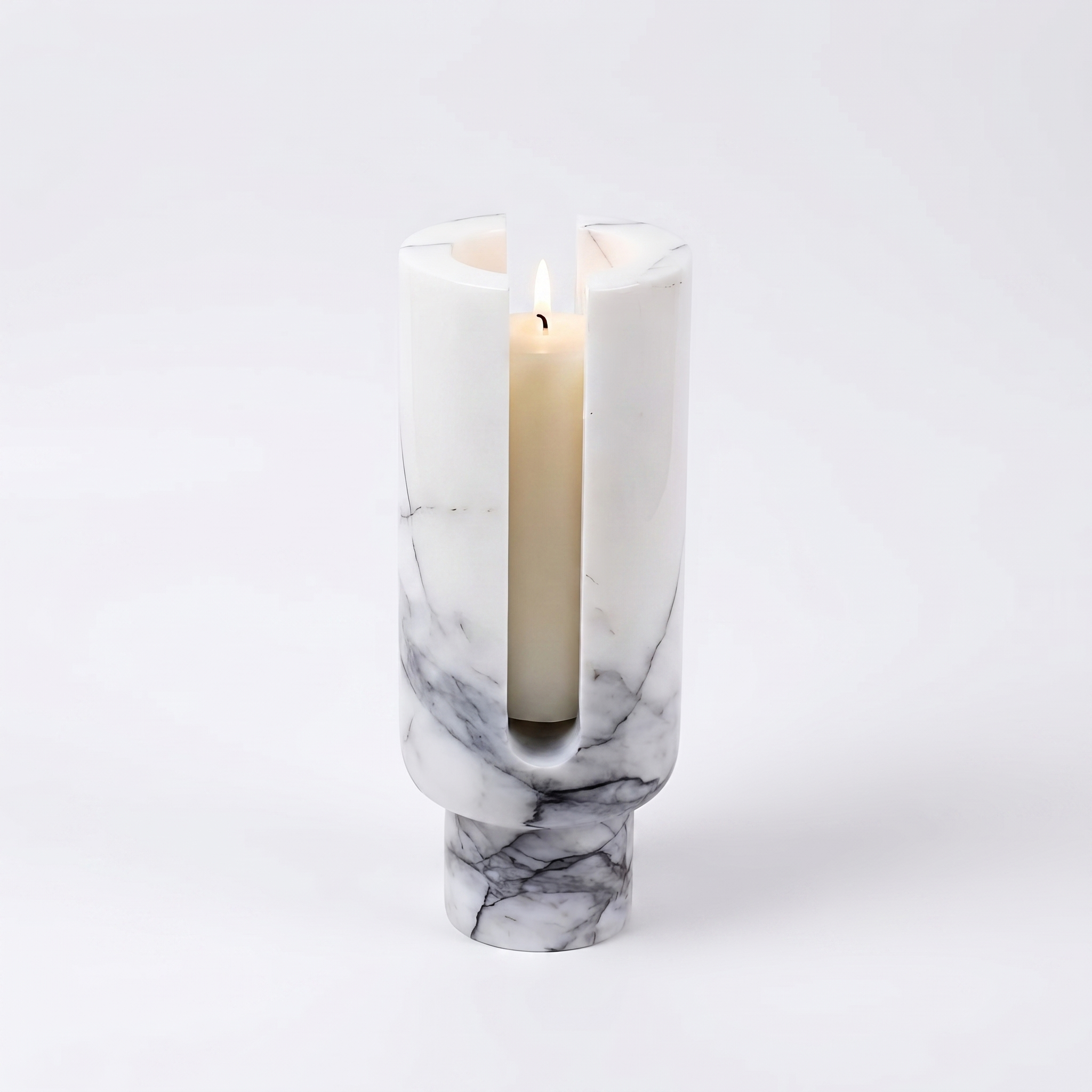 Vesta marble candle holder, Arctic White, studio hero