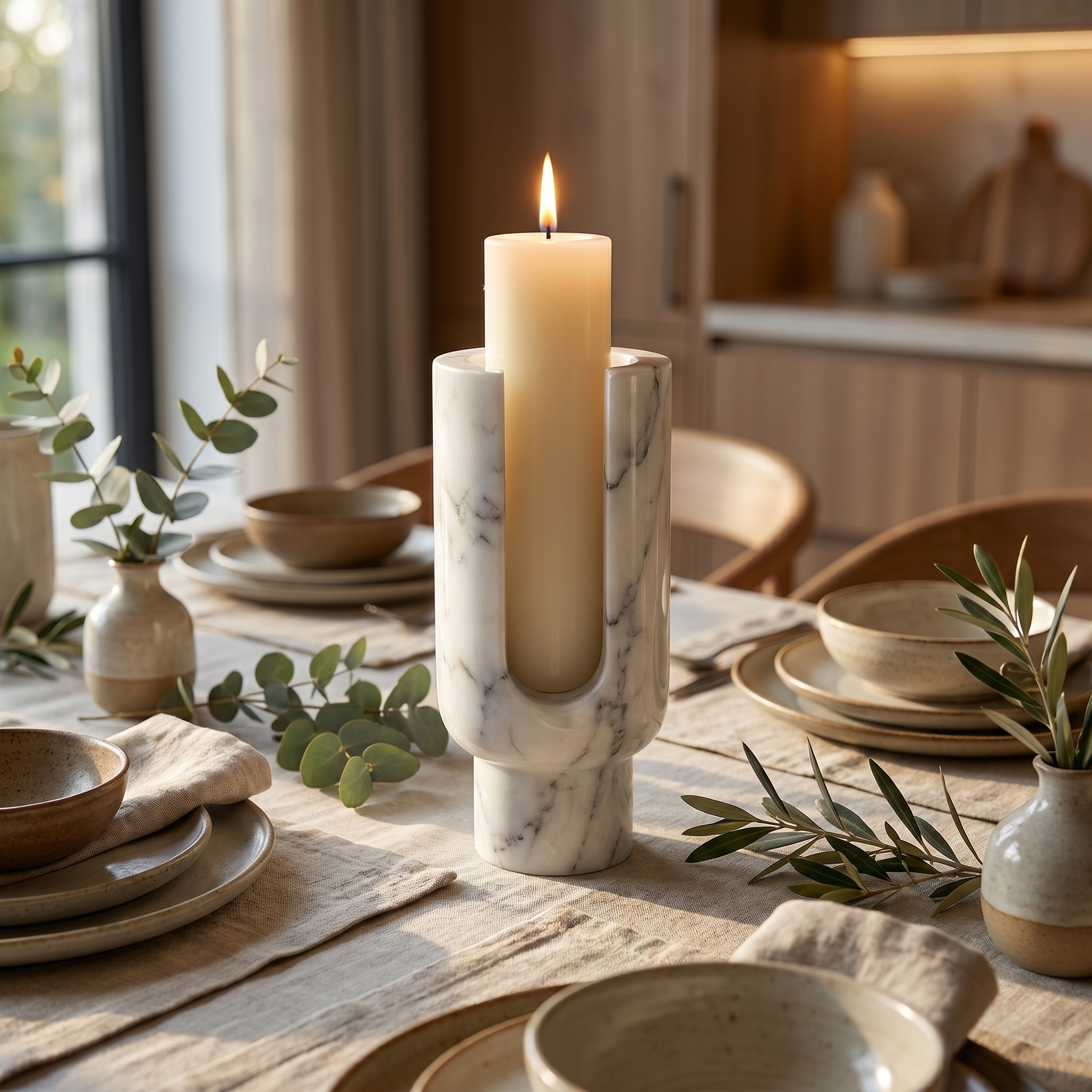 White marble candle holder as a dining table centerpiece