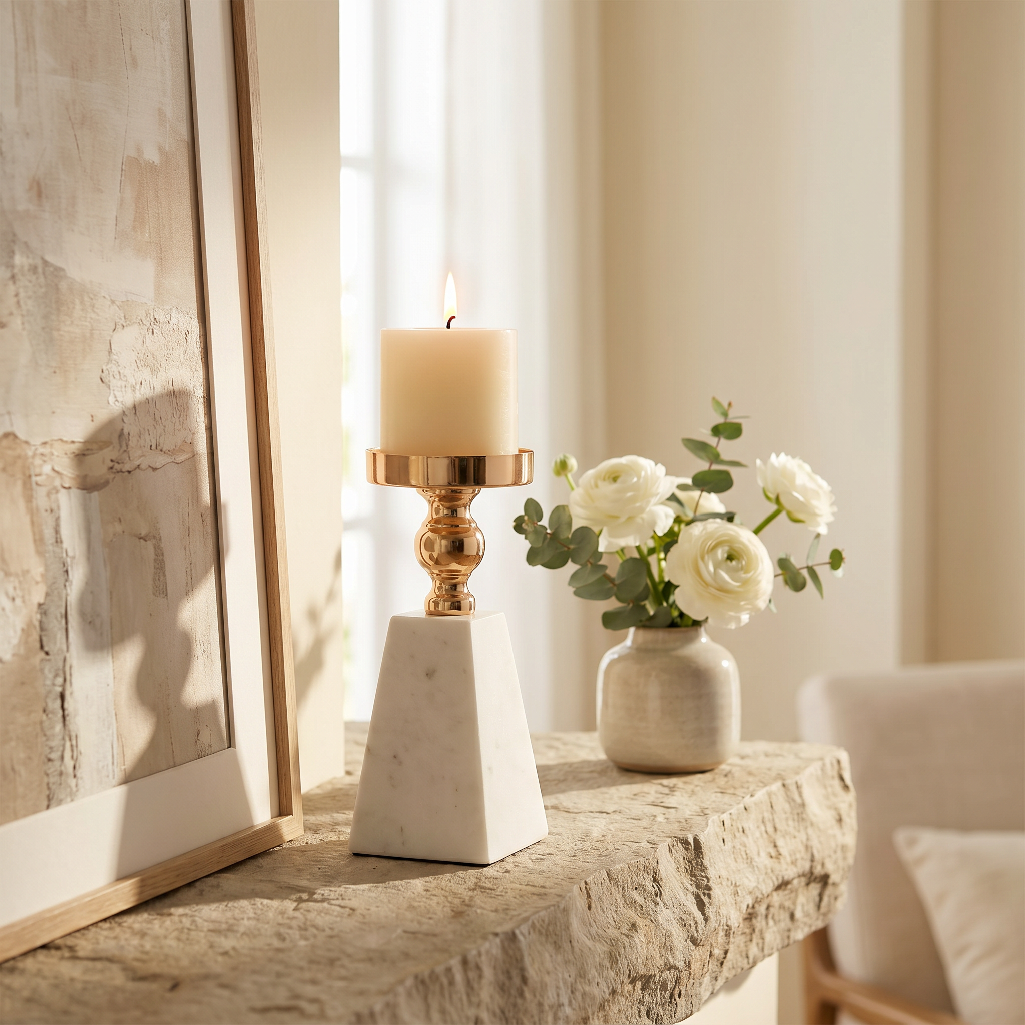Candle holder on a mantelpiece with blooms