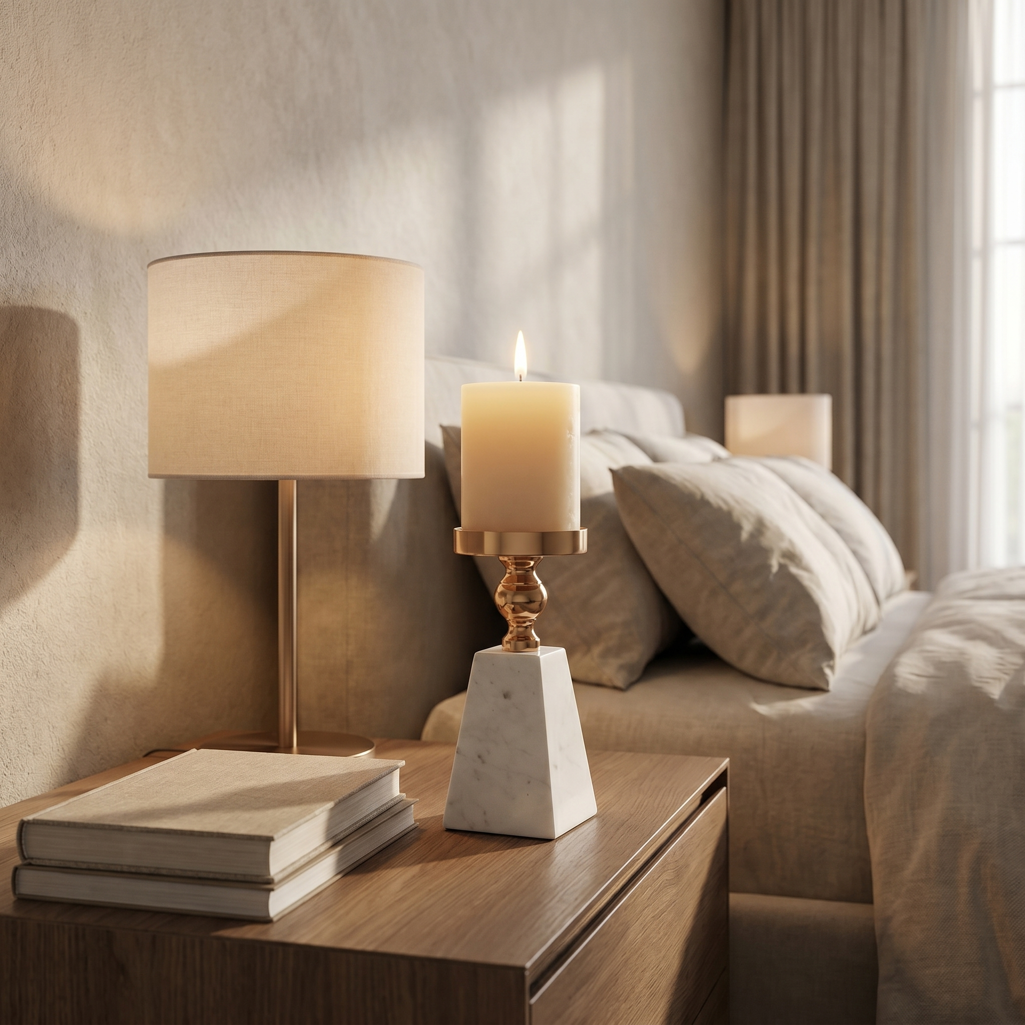 Candle holder on a bedside console