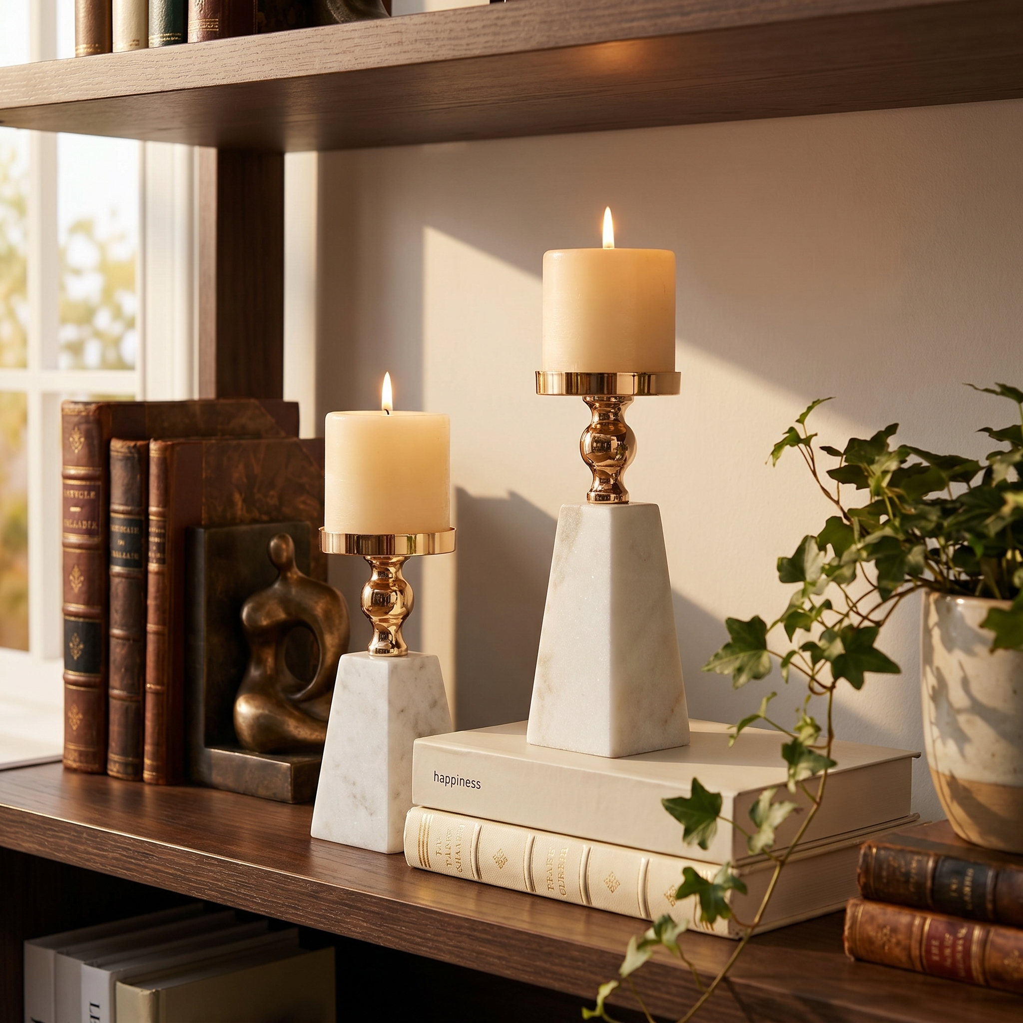 Candle holder on a styled living-room shelf