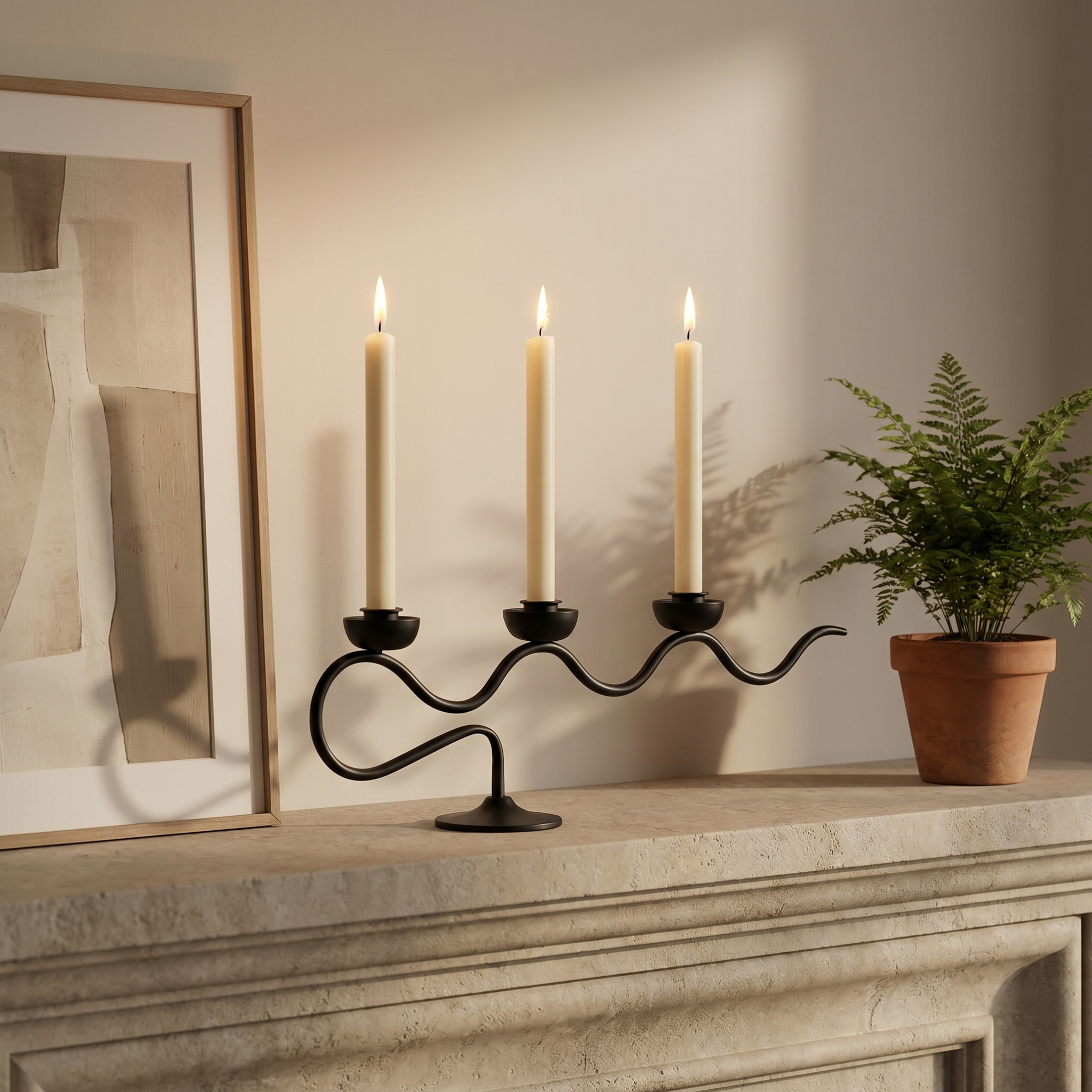 Black candelabra on a mantelpiece