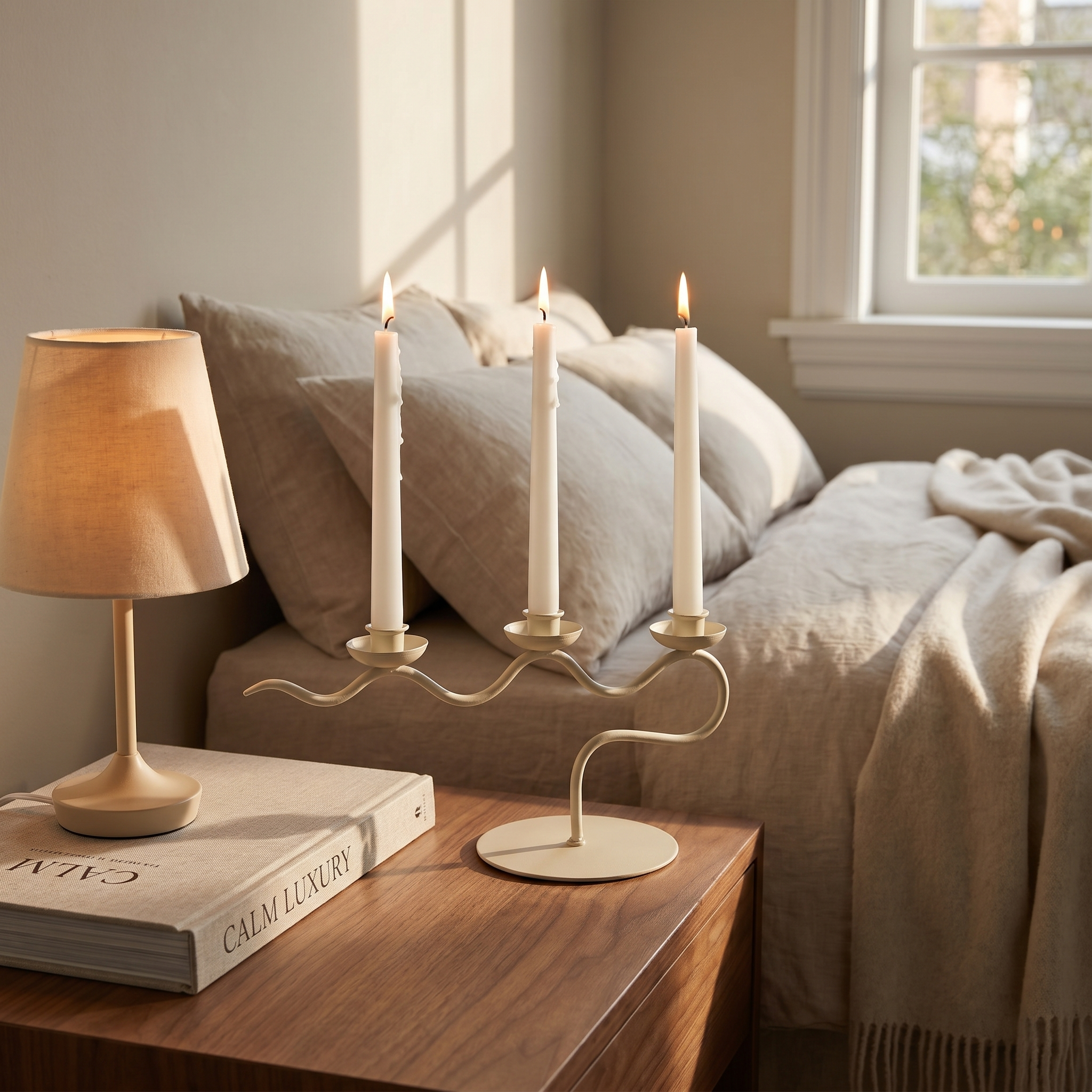 Cream candelabra on a bedside console