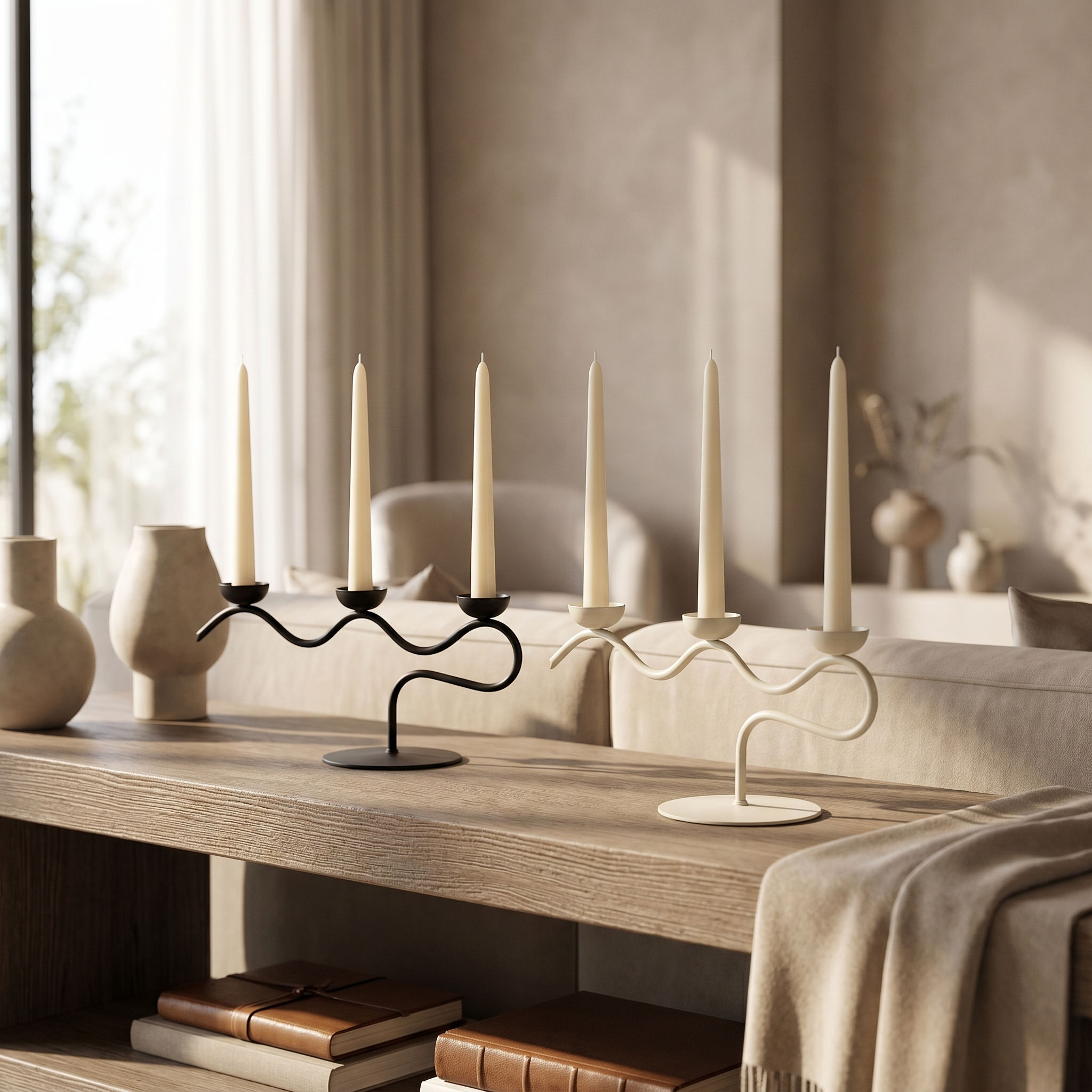 Black and cream candelabras shown together