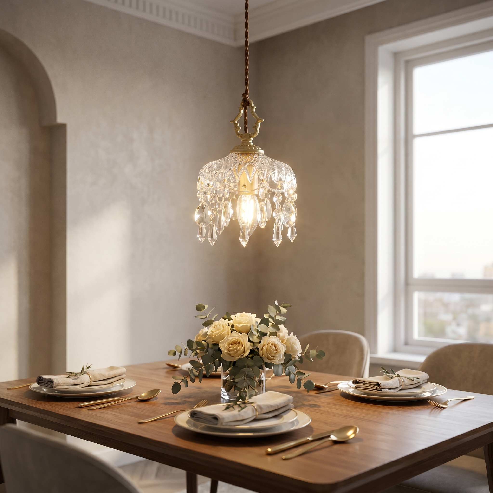 Crystal pendant over a dining table