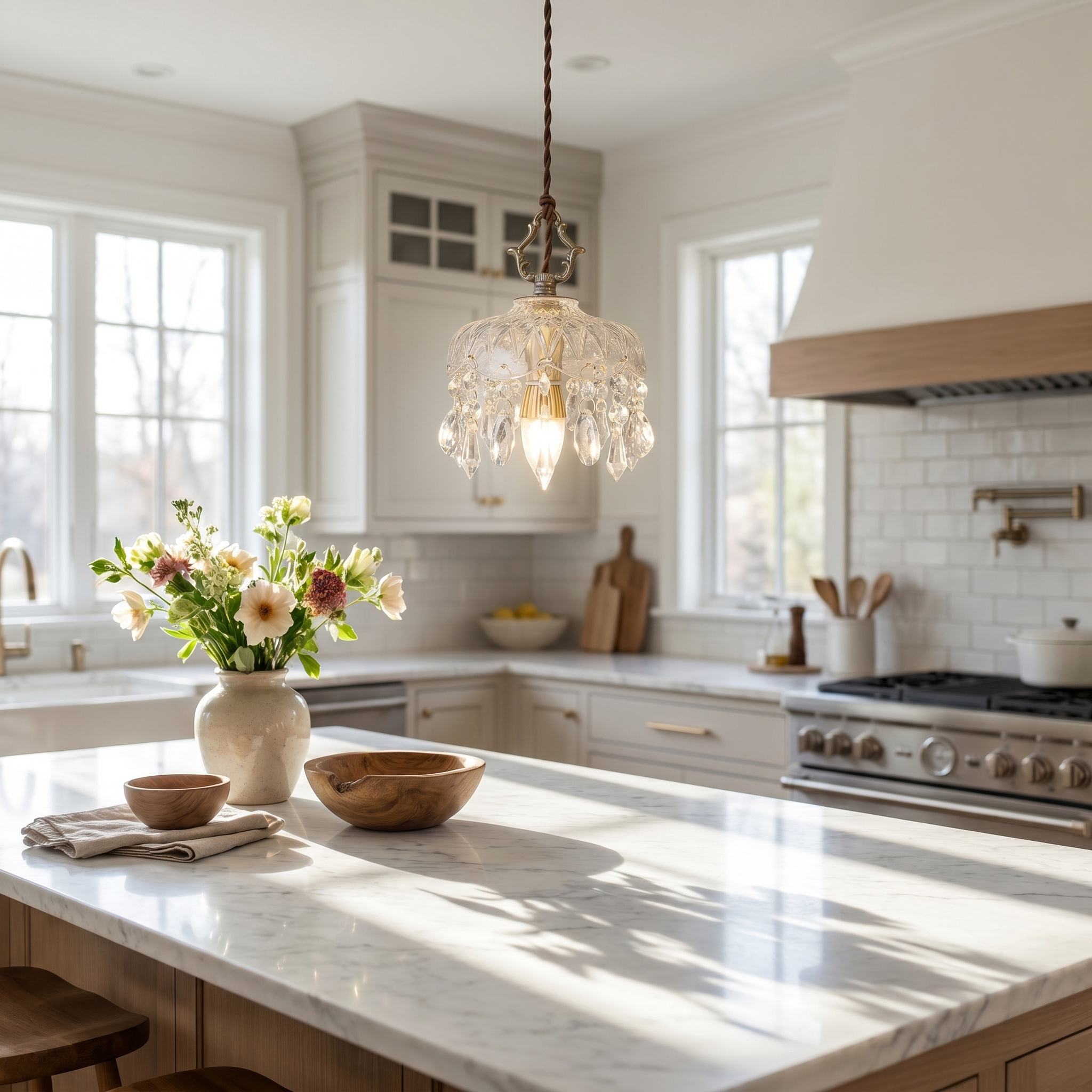 Crystal pendant over a kitchen island