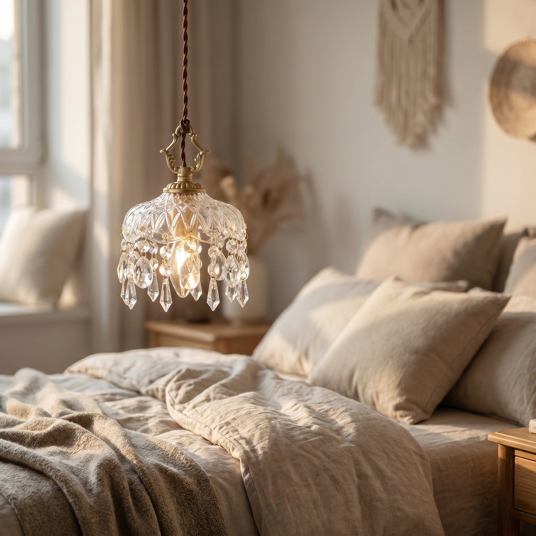 Crystal pendant beside a bed