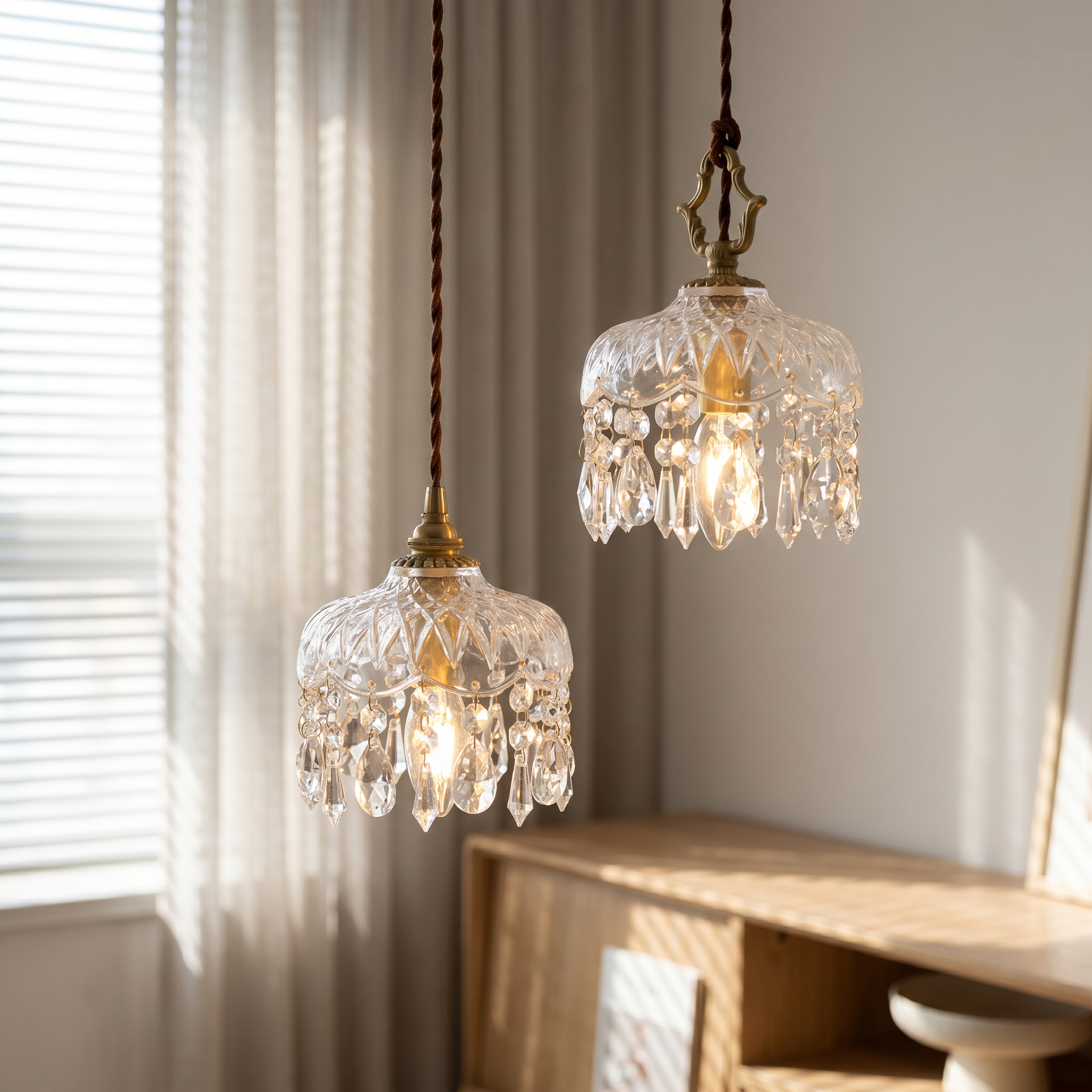 A pair of crystal pendants near a window