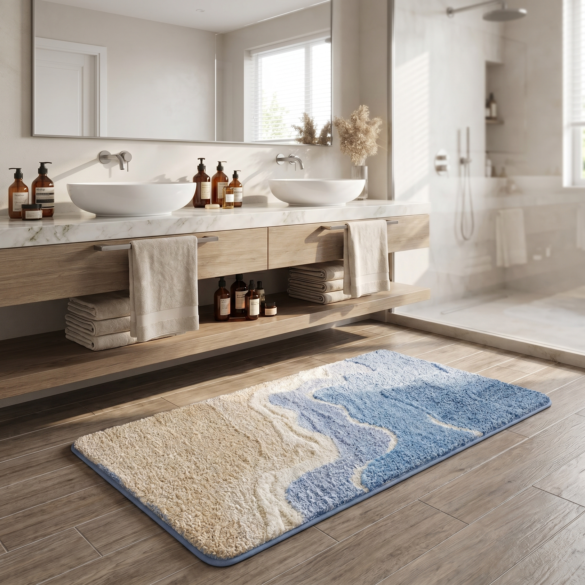 Sandy Shore bath mat by a double vanity
