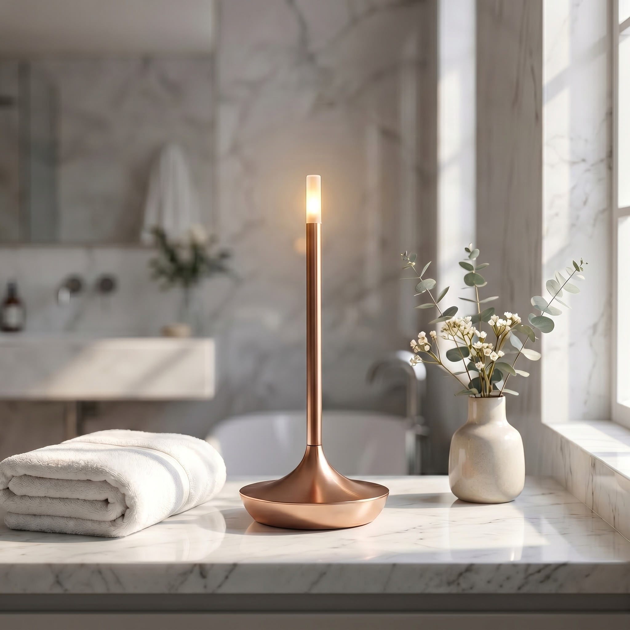 Fiamma rose gold lamp on a bathroom vanity