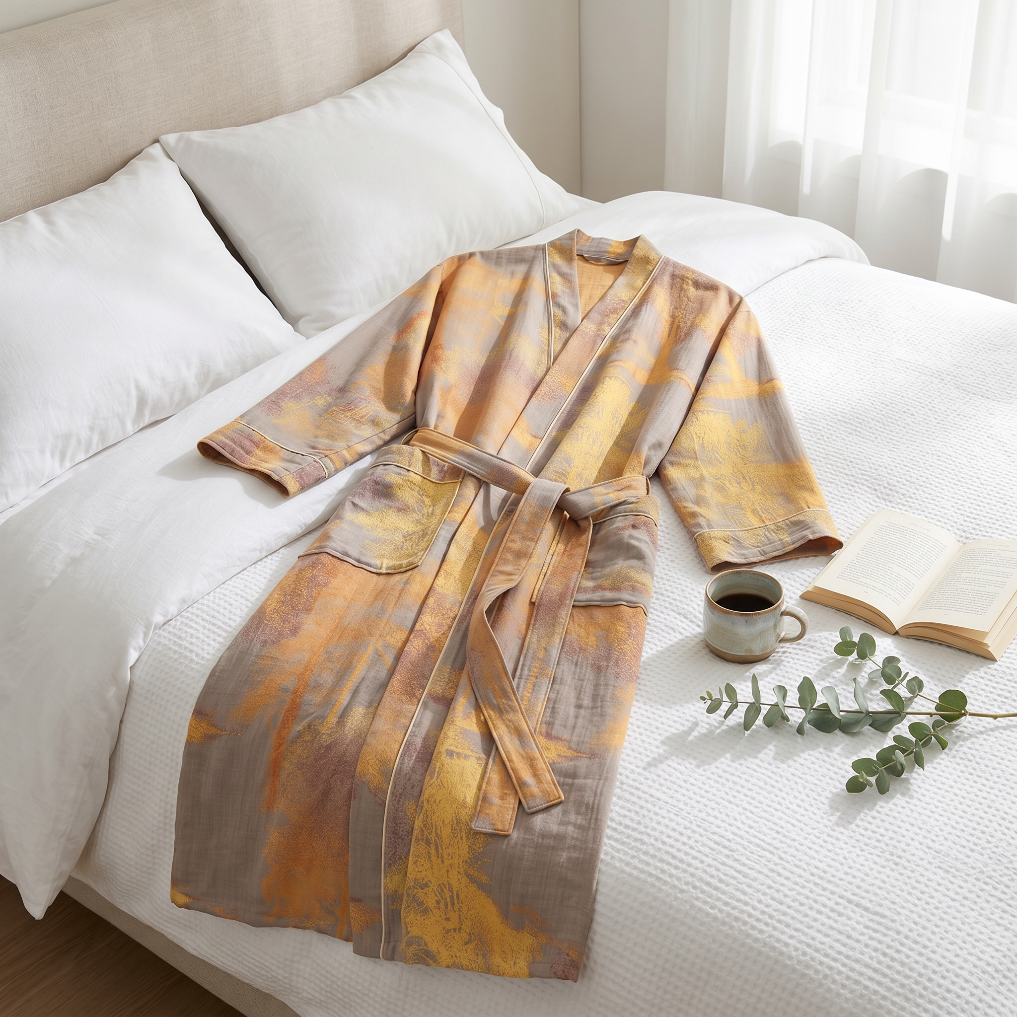 Aurelia cotton gauze kimono robe styled on a bed with coffee and a book