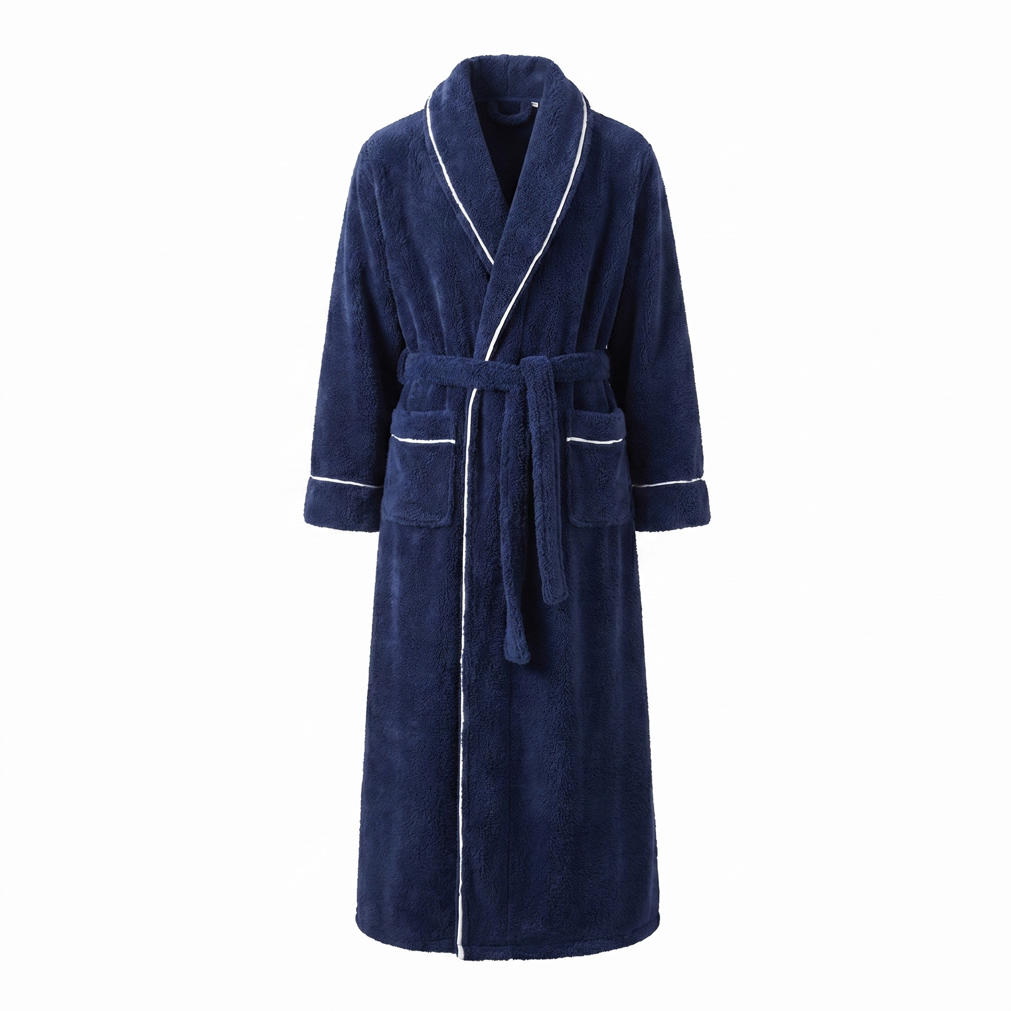 Tepore plush fleece robe in navy blue with white piping, front view