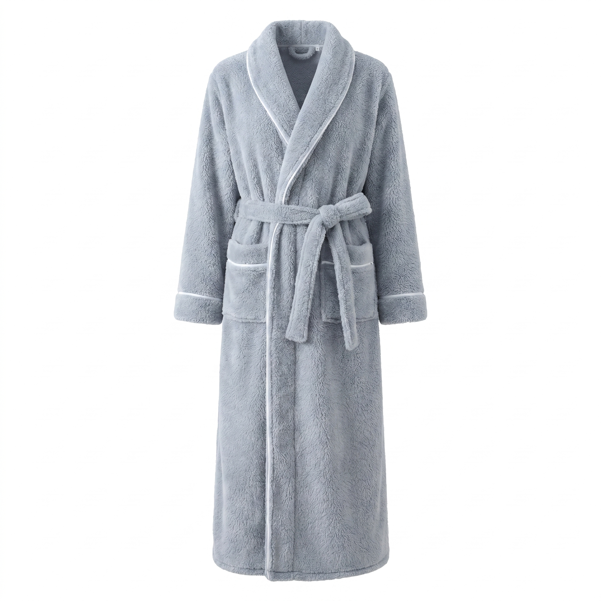 Tepore plush fleece robe in gray blue with white piping, front view