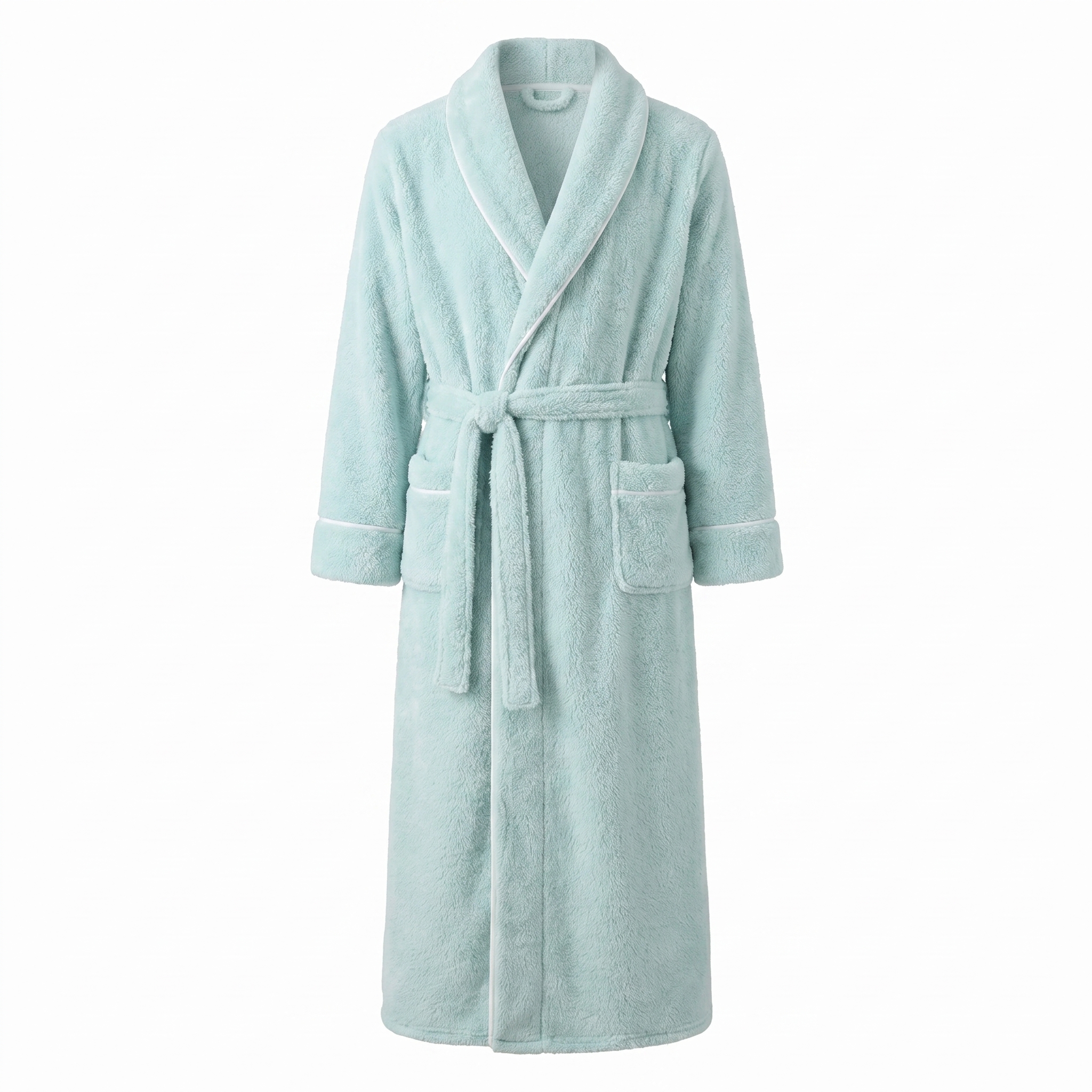 Tepore plush fleece robe in mint green with white piping, front view