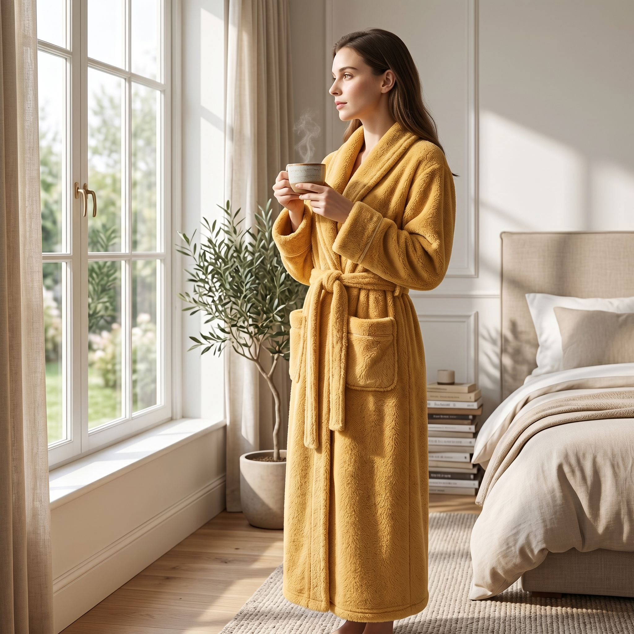 Woman wearing yellow Tepore plush robe by a sunlit window