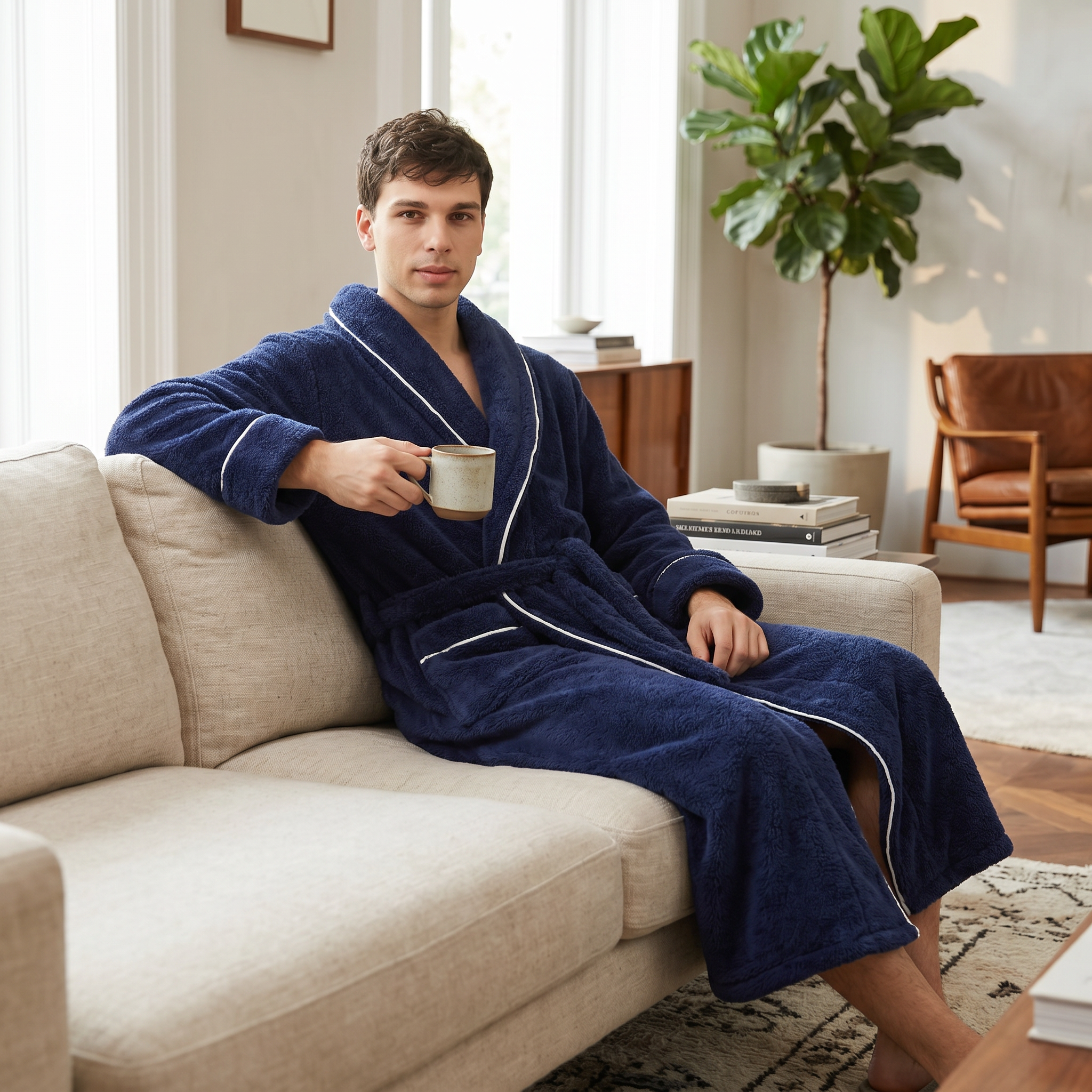 Man relaxing on a sofa in a navy Tepore plush robe