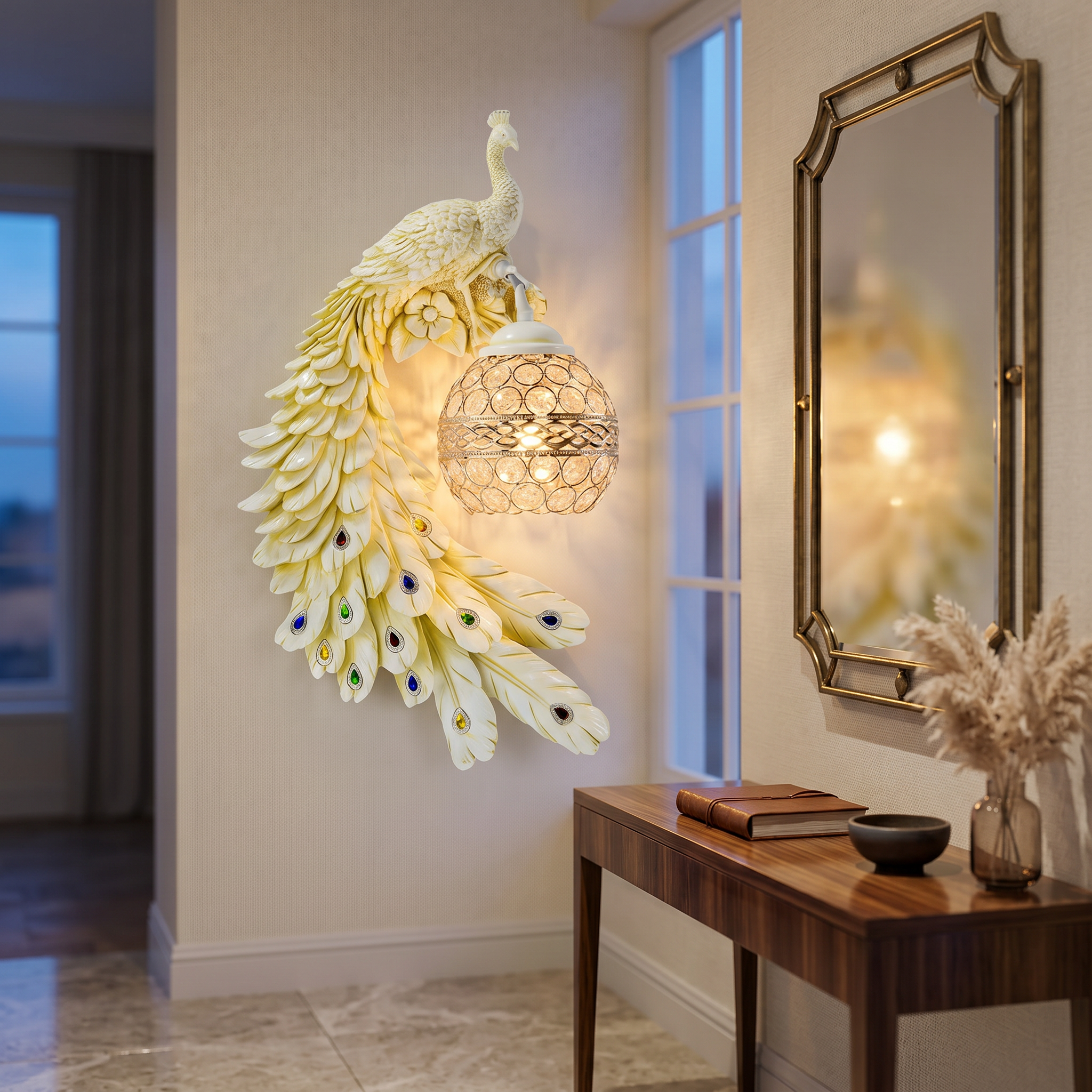 White peacock sconce beside a mirror in an elegant entryway