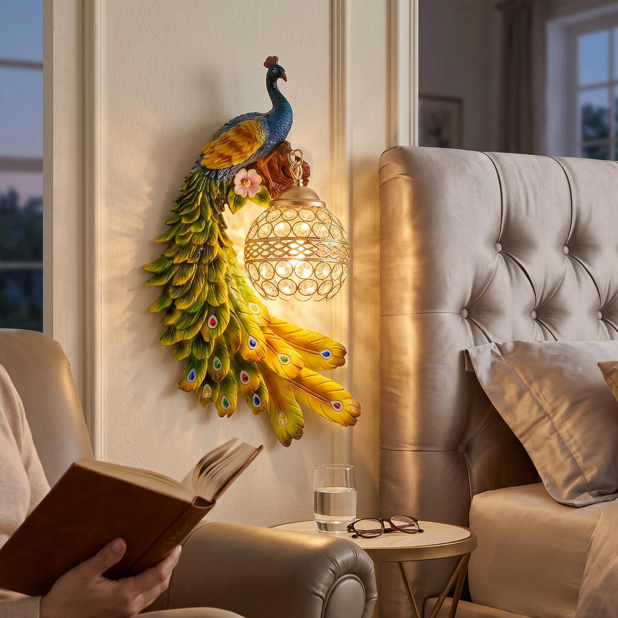 Colorful peacock sconce in a bedroom reading nook
