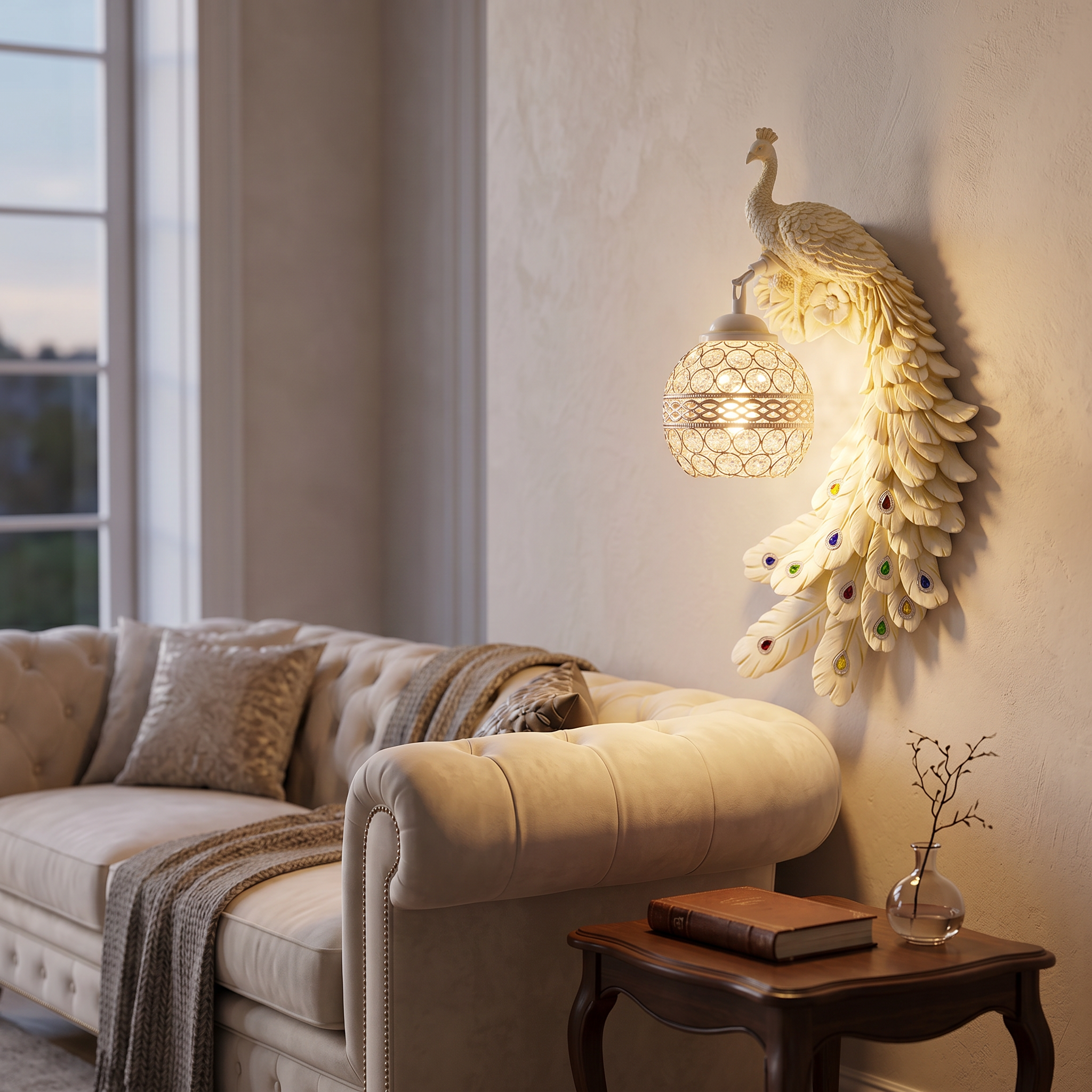 White peacock sconce above a sofa in a refined living room