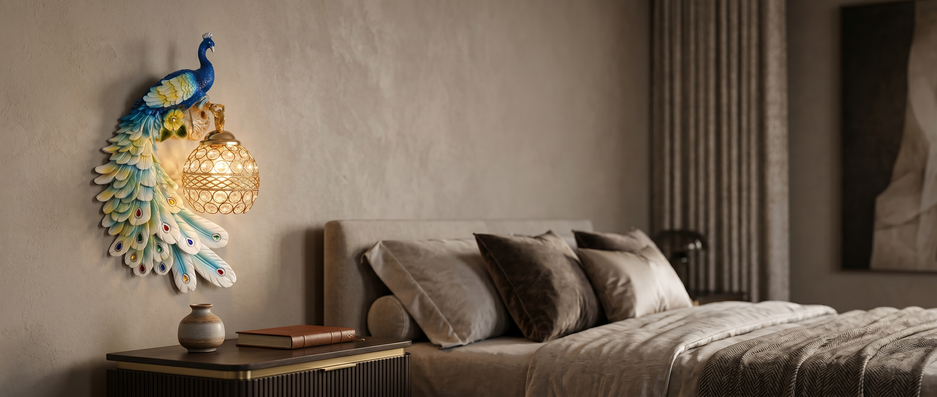 Pavone peacock crystal wall sconce glowing in a bedroom banner